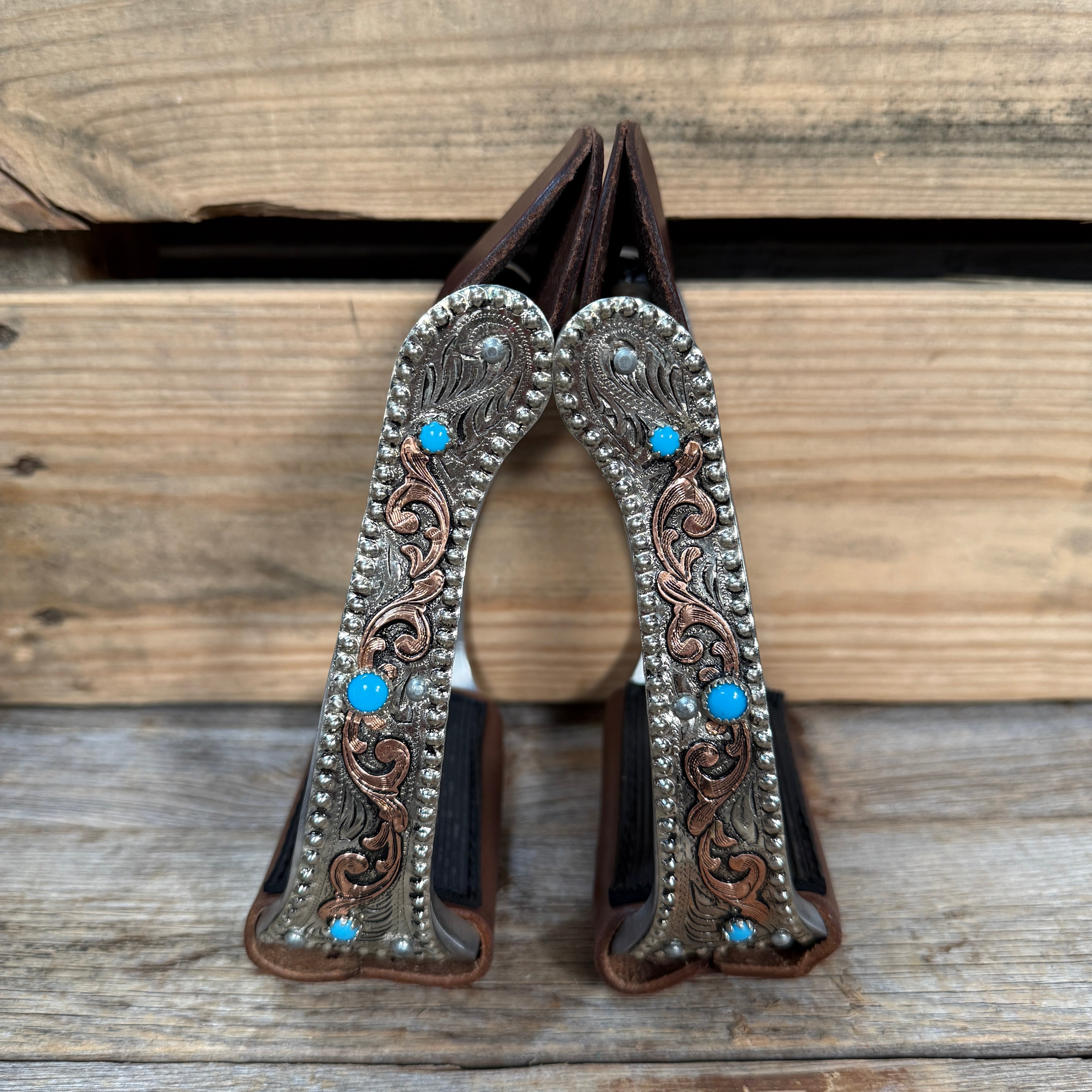 Hand Engraved Copper and Turquoise Angled Barrel Racing Western Stirrups BRS101