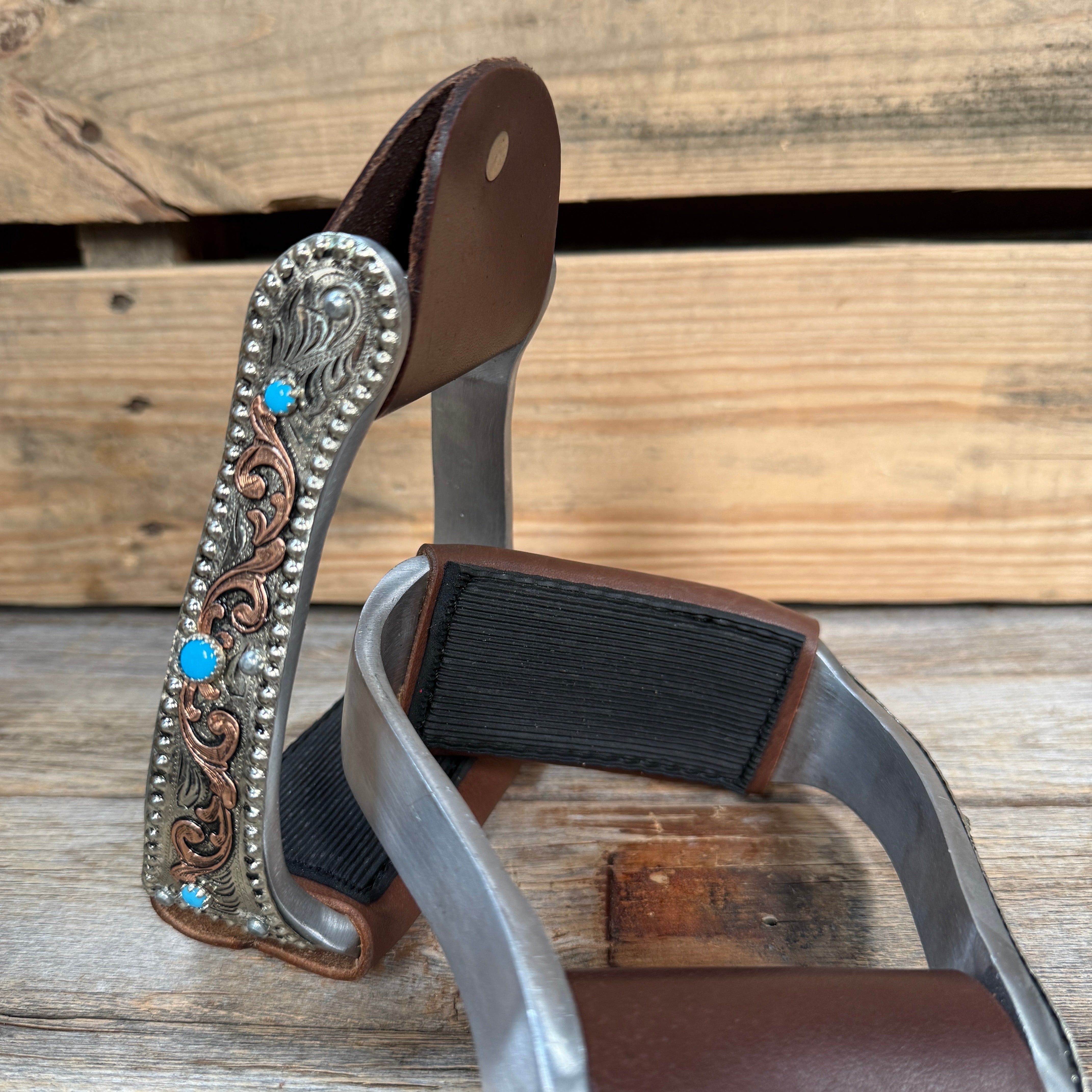 Hand Engraved Copper and Turquoise Angled Barrel Racing Western Stirrups BRS101