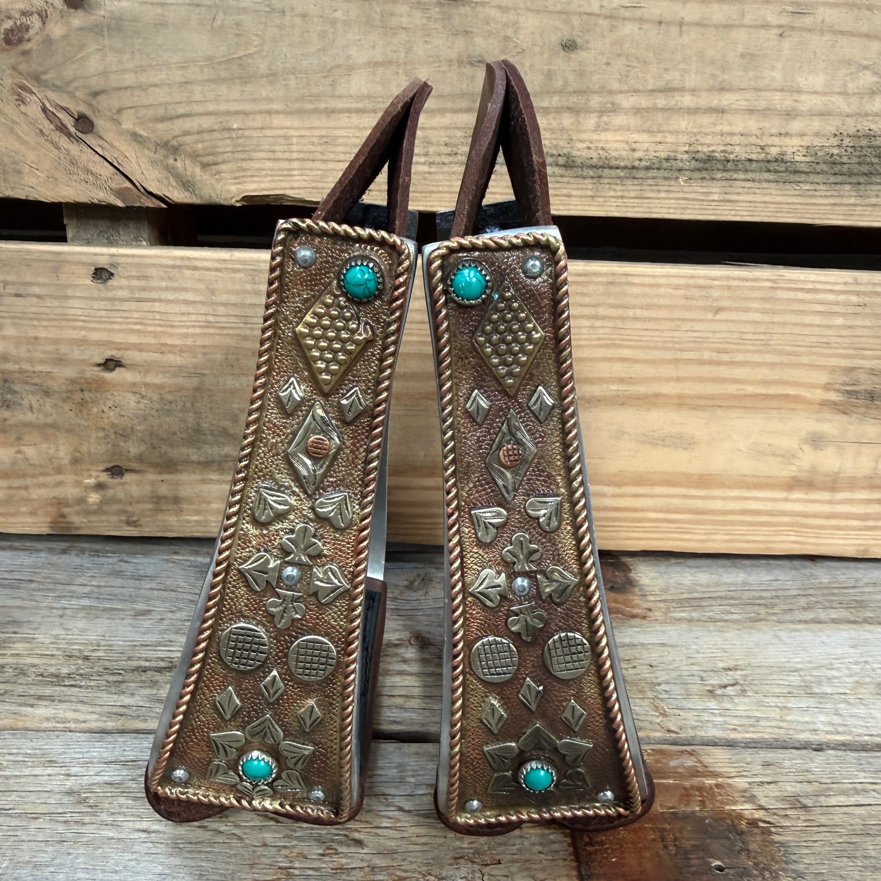 Hand Engraved Copper and Turquoise Barrel Racing/Trail Western Stirrups BRS100