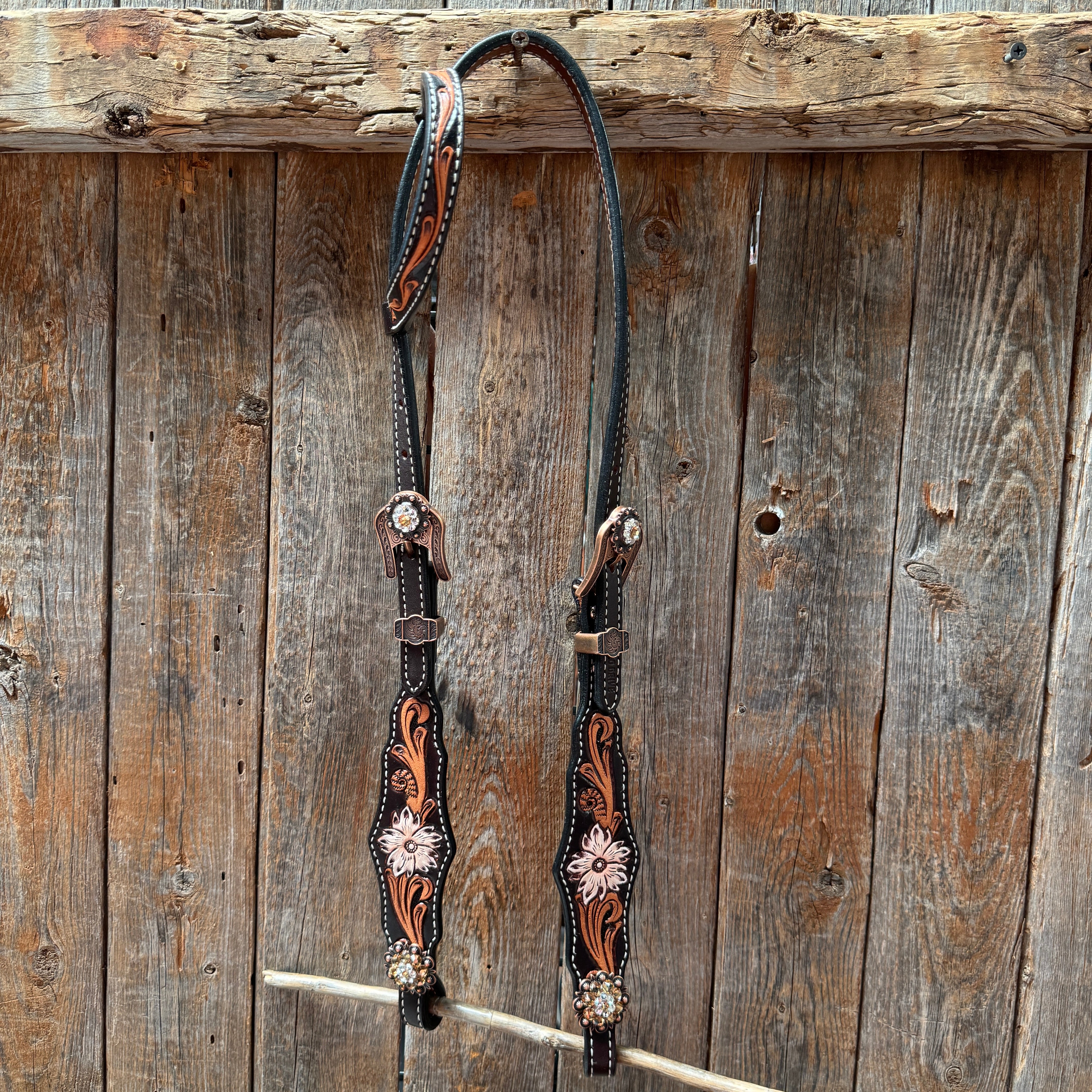 Triple Tone Floral Champagne and Clear Browband / One Ear - Triangle / Gladiator Breastcollar Tack Set #BBBC648