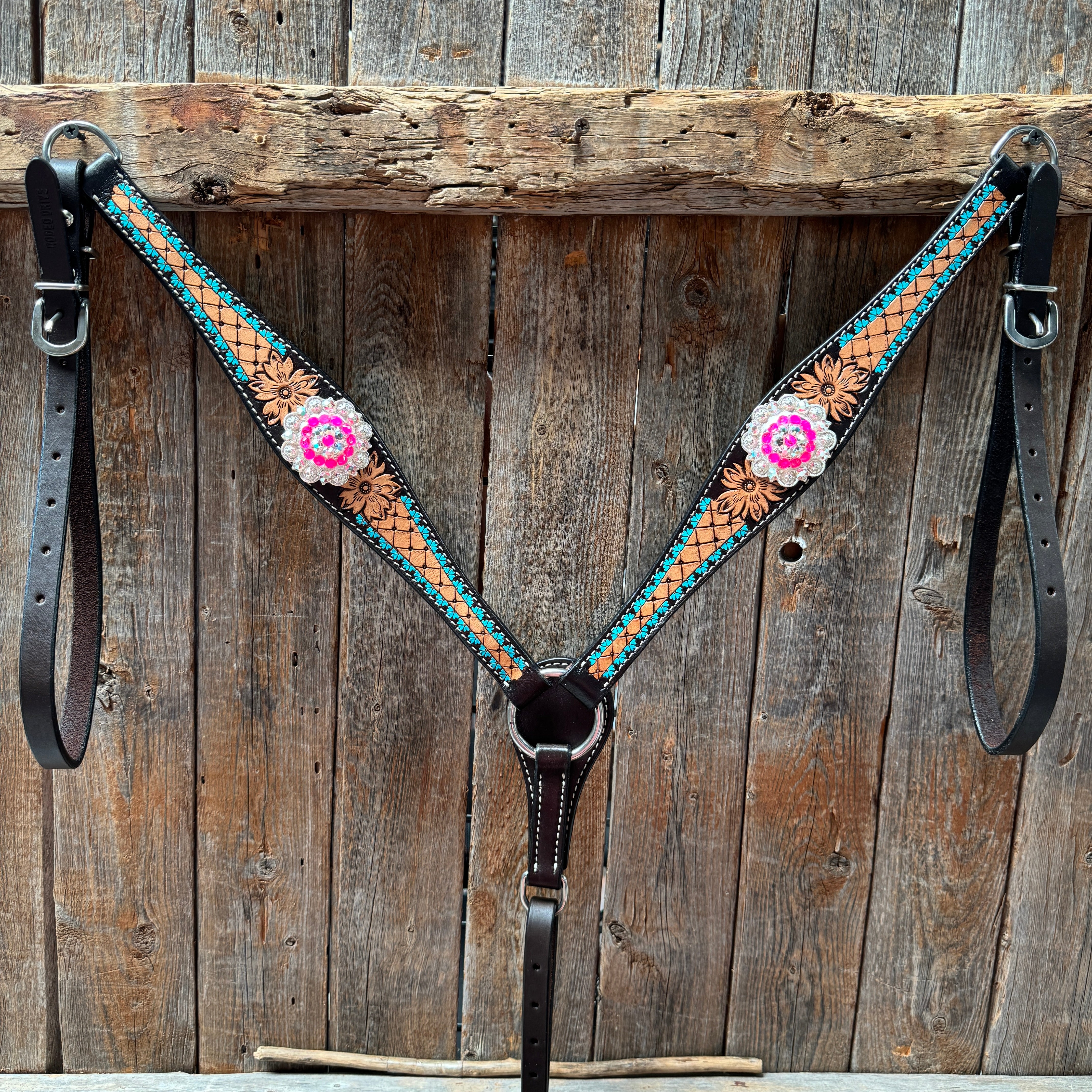 Multi Flower Hot Pink Browband / One Ear - Breastcollar Tack Set #BBBC647