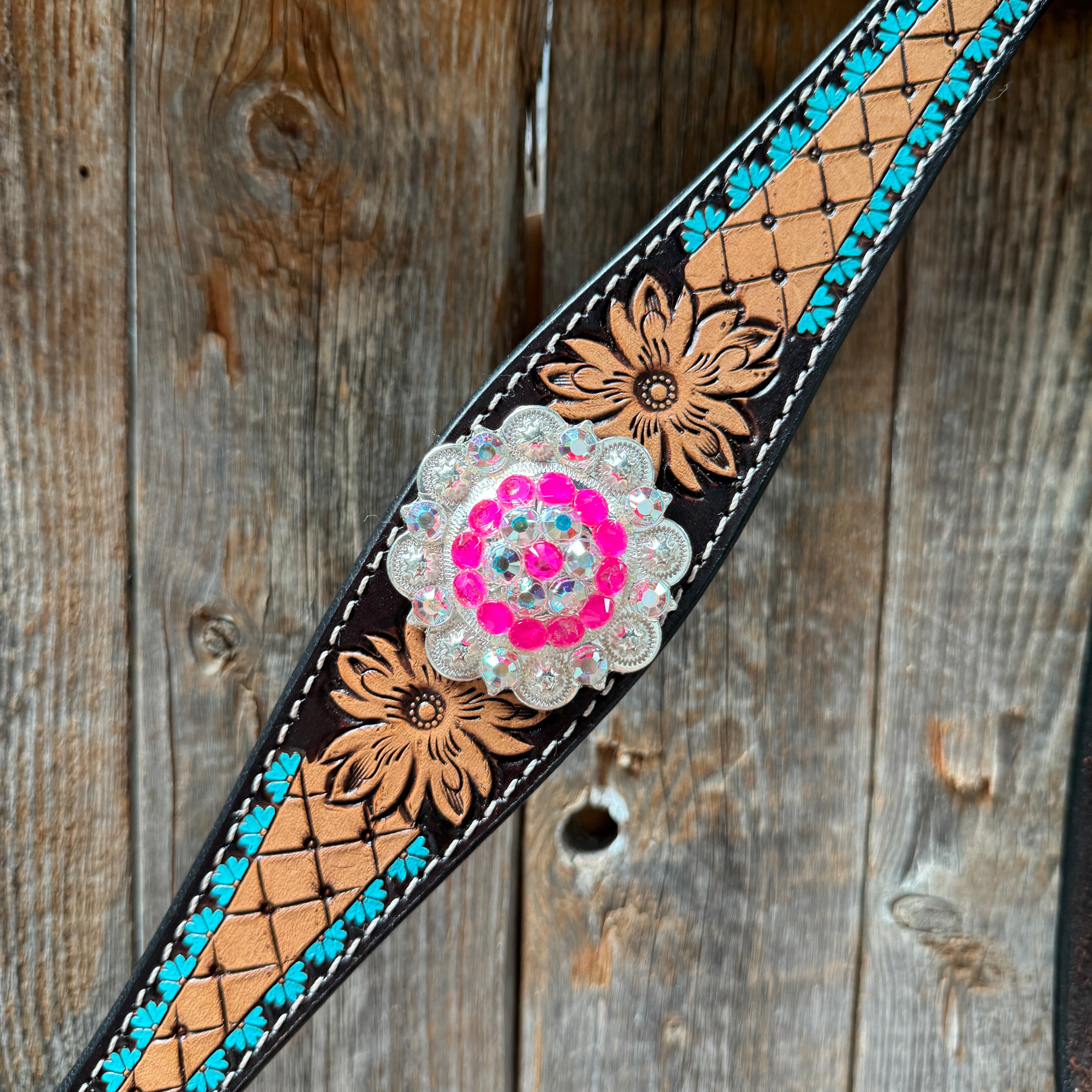 Multi Flower Hot Pink Browband / One Ear - Breastcollar Tack Set #BBBC647