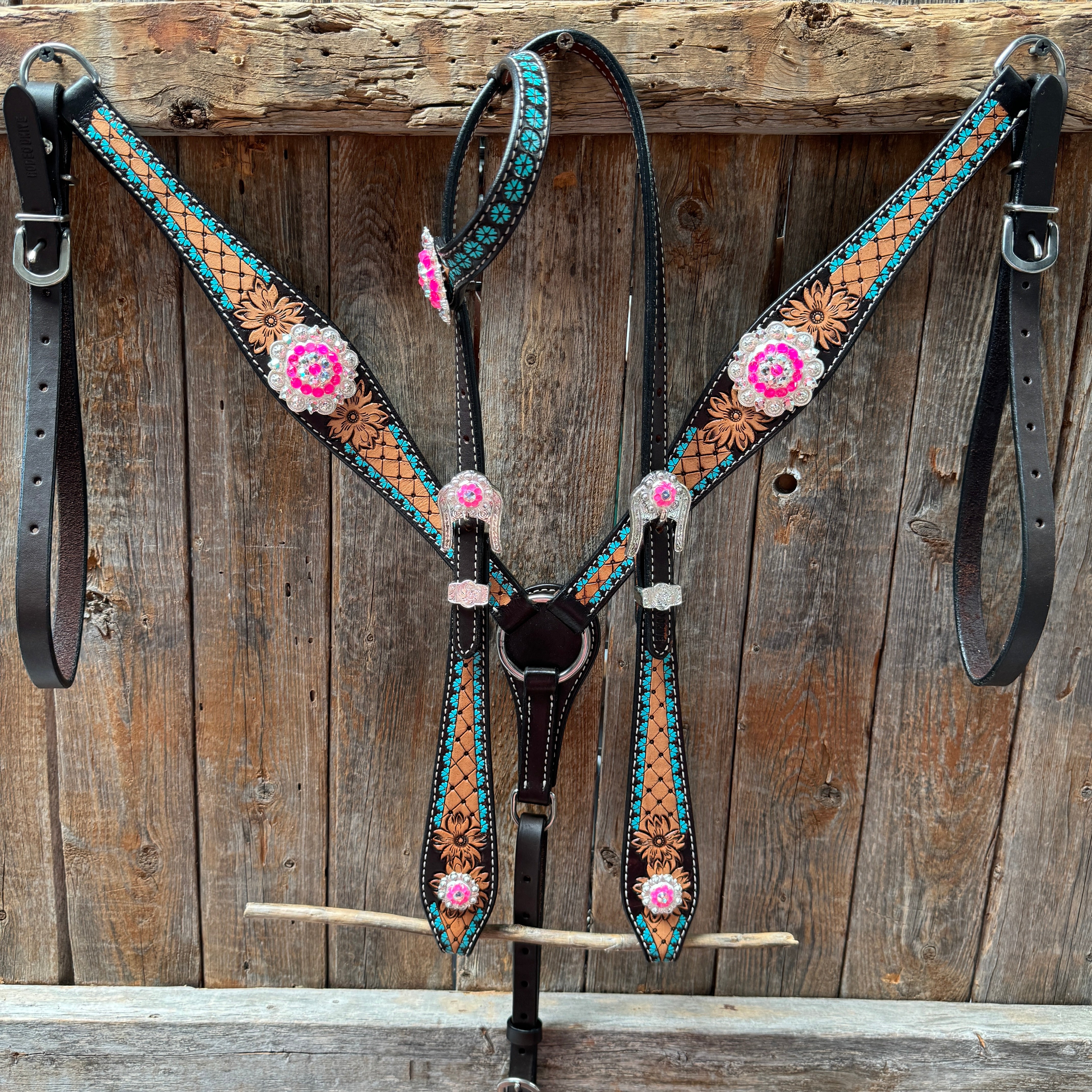Multi Flower Hot Pink Browband / One Ear - Breastcollar Tack Set #BBBC647