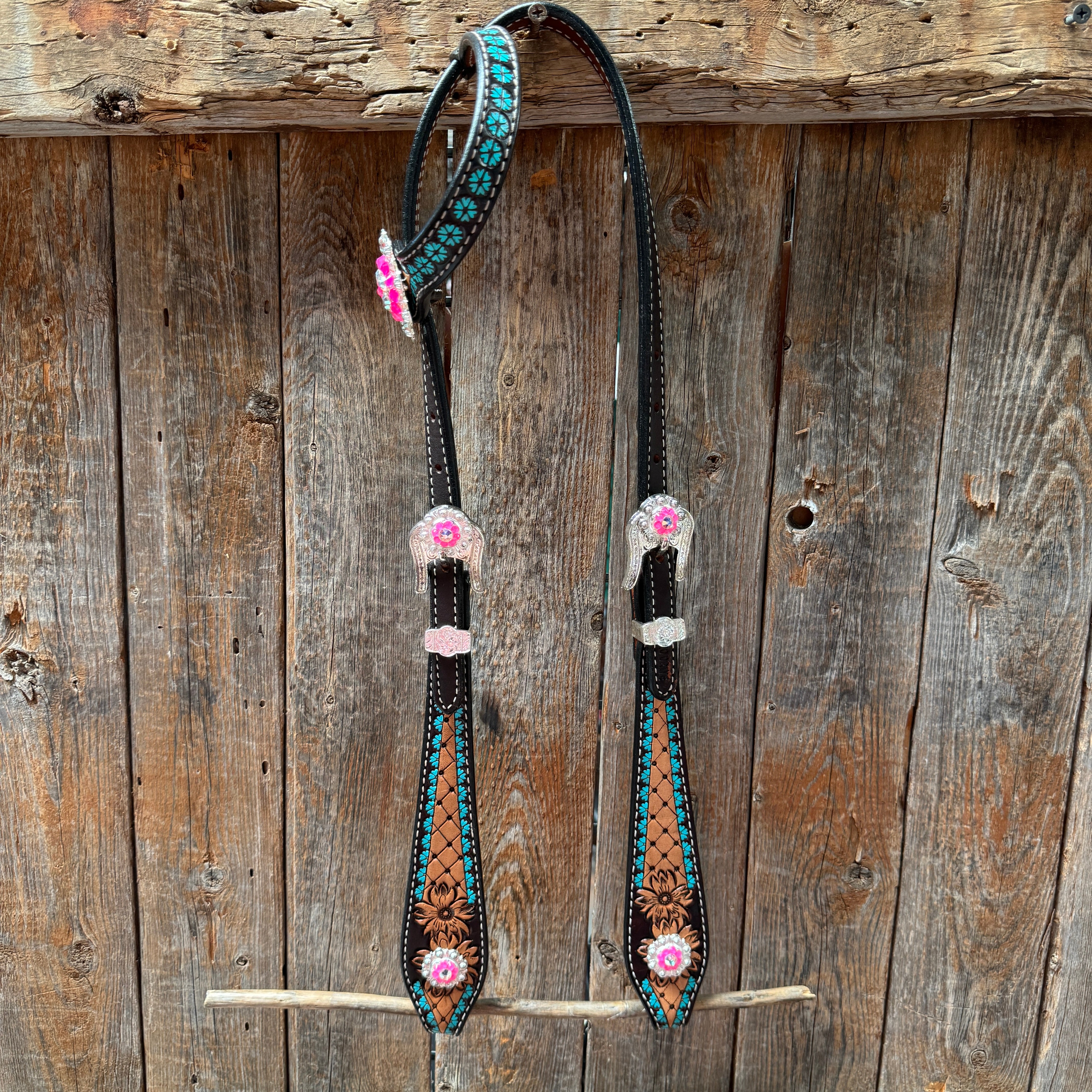 Multi Flower Hot Pink Browband / One Ear - Breastcollar Tack Set #BBBC647