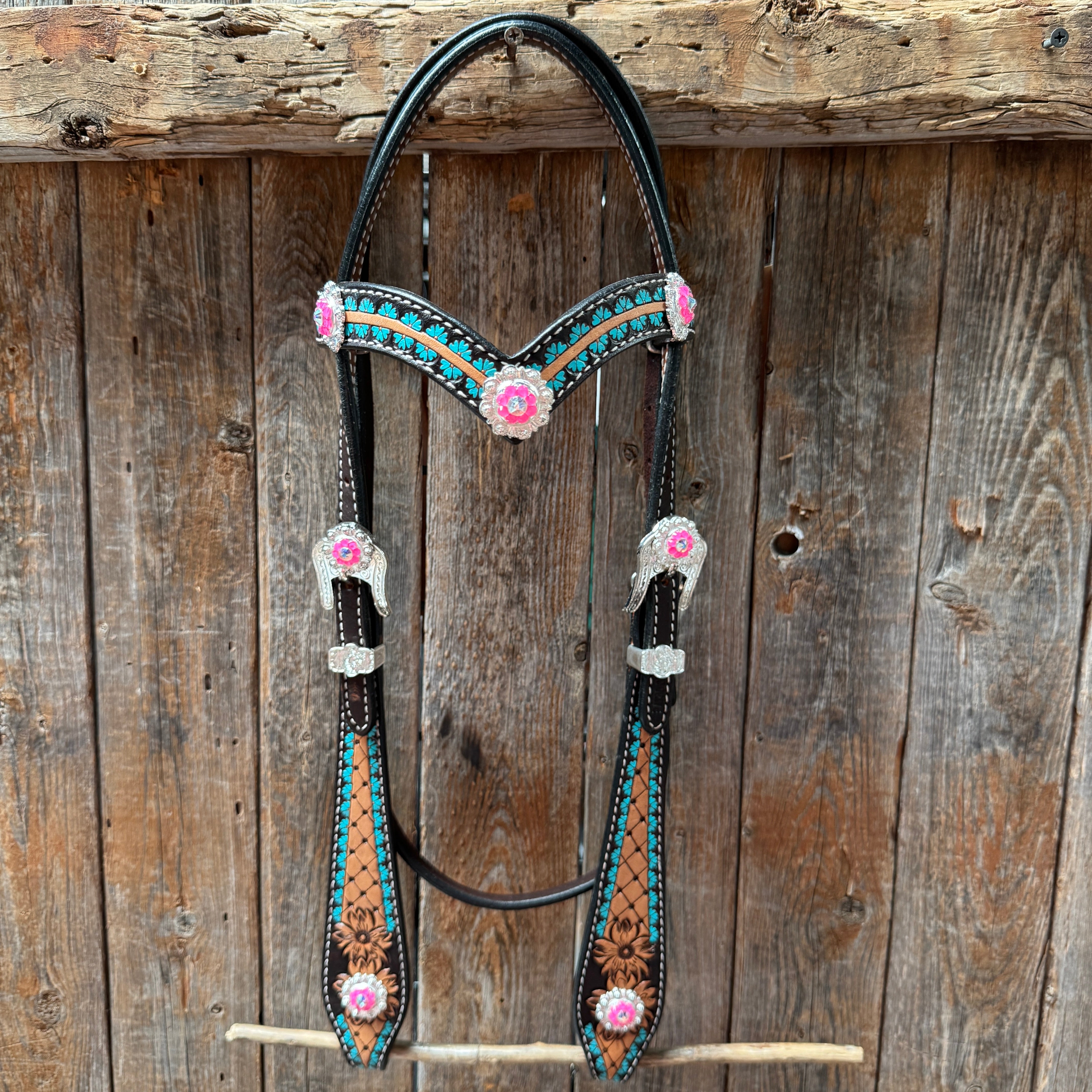 Multi Flower Hot Pink Browband / One Ear - Breastcollar Tack Set #BBBC647
