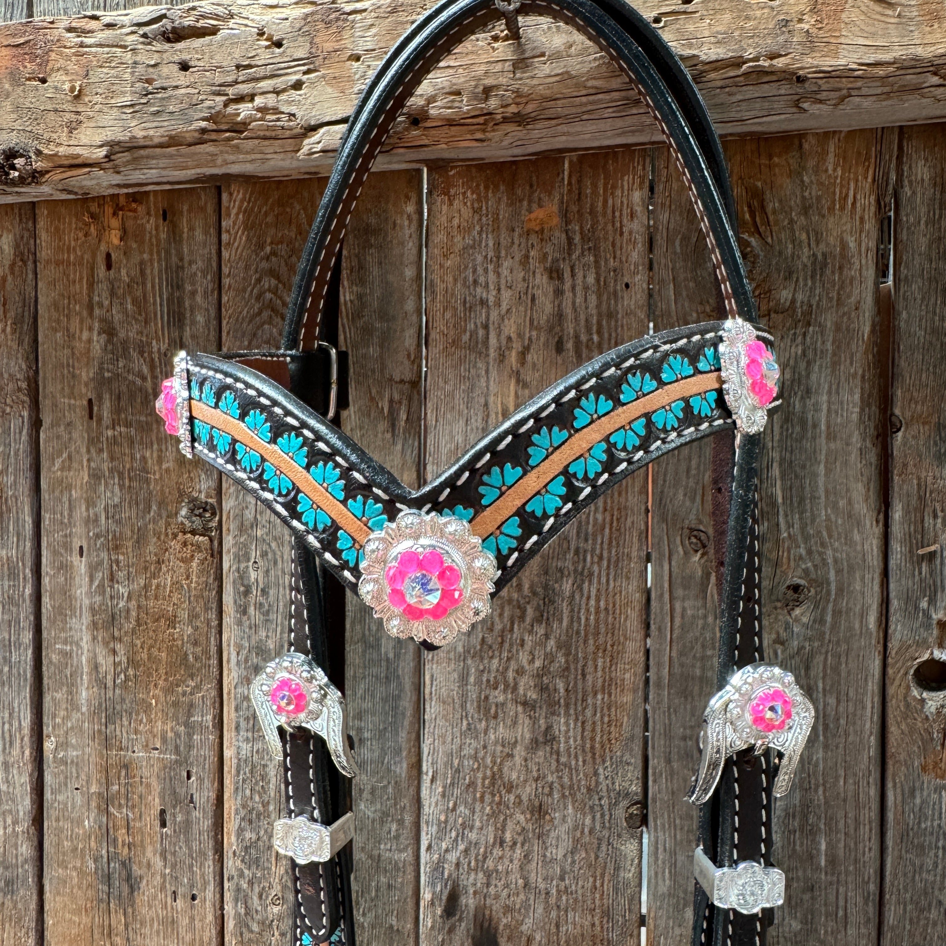 Multi Flower Hot Pink Browband / One Ear - Breastcollar Tack Set #BBBC647