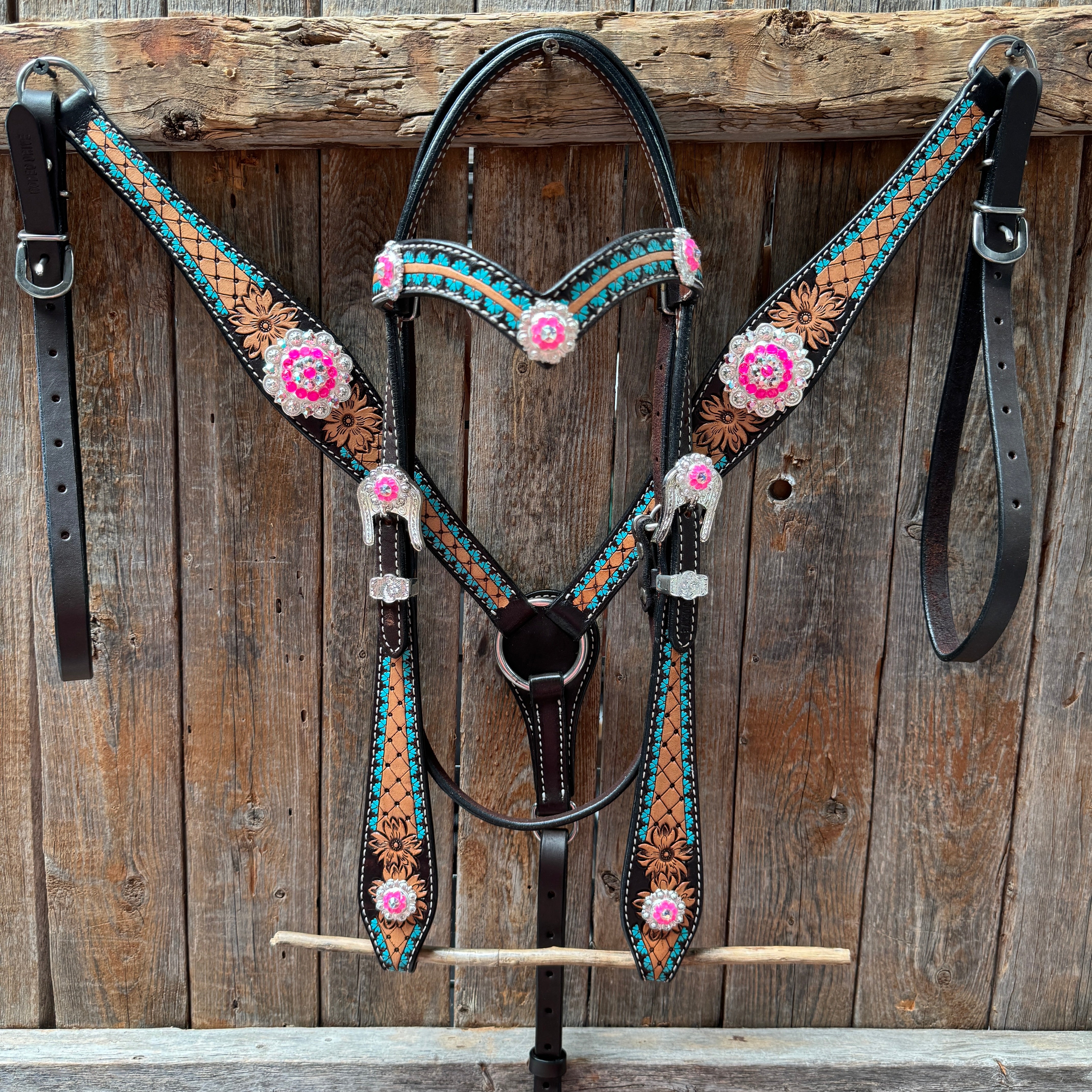 Multi Flower Hot Pink Browband / One Ear - Breastcollar Tack Set #BBBC647