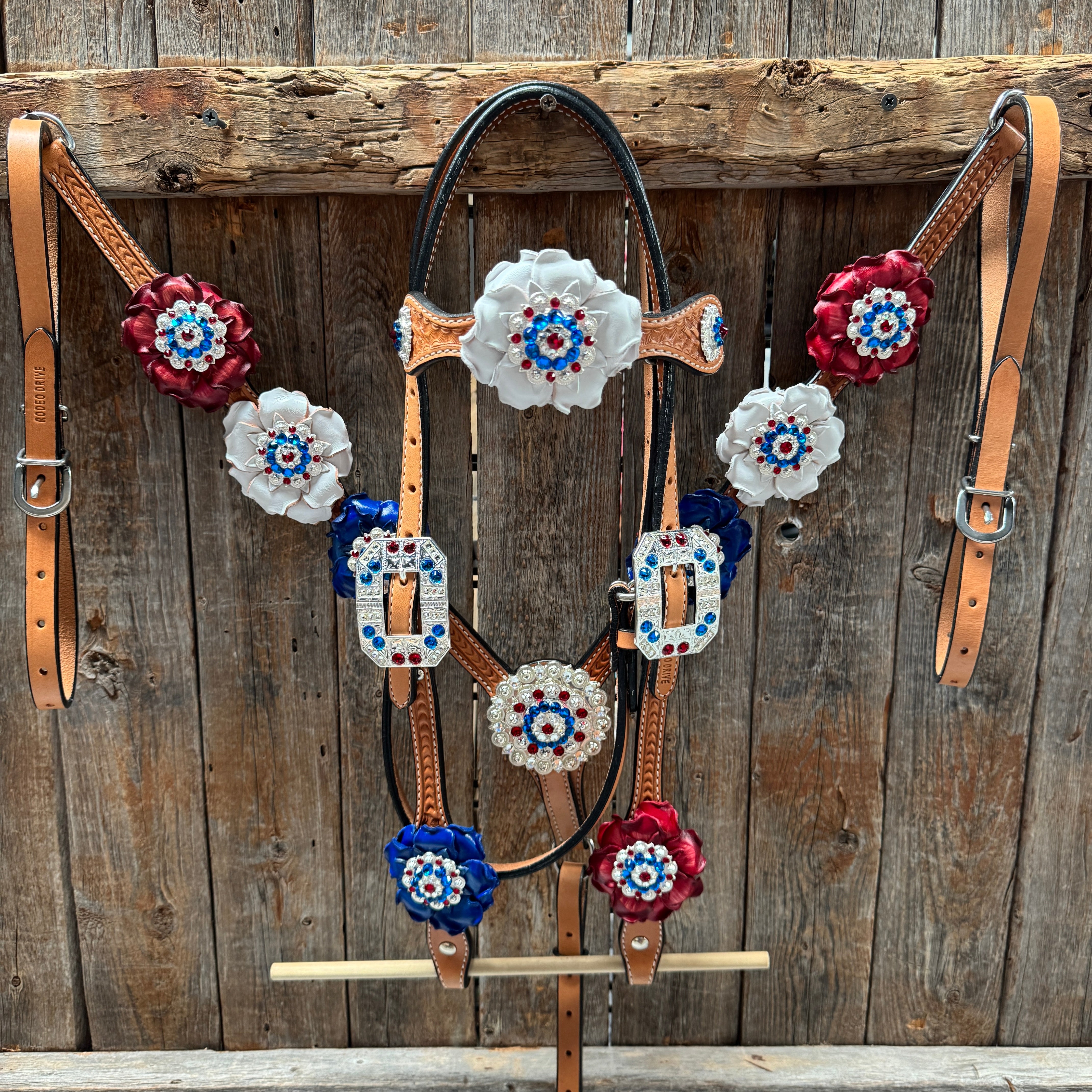 Light Oil Basketweave Patriotic Browband / One Ear Tack Set  #BBBC470