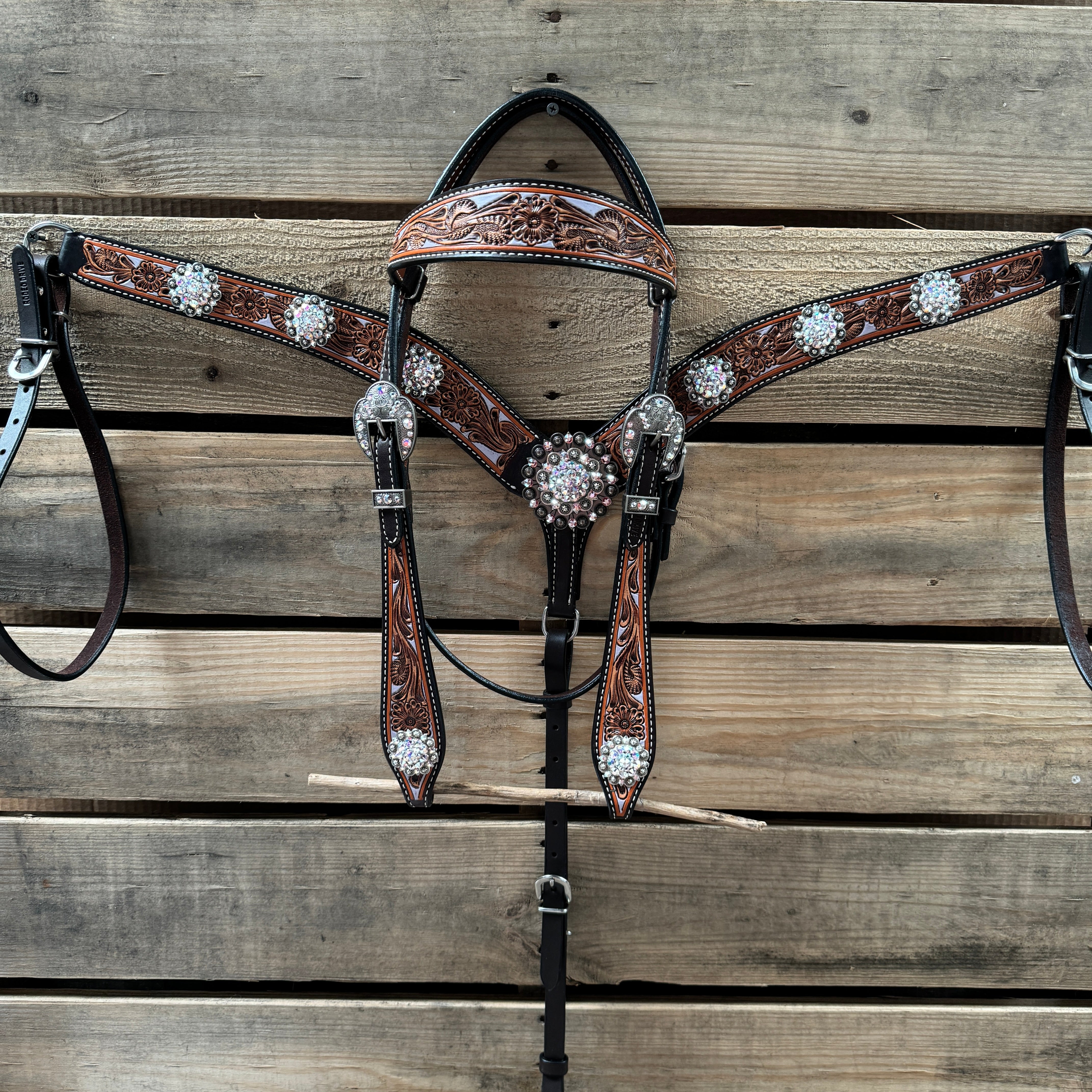 Hand Painted Floral AB Browband / One Ear - Breastcollar Tack Set #BBBC645