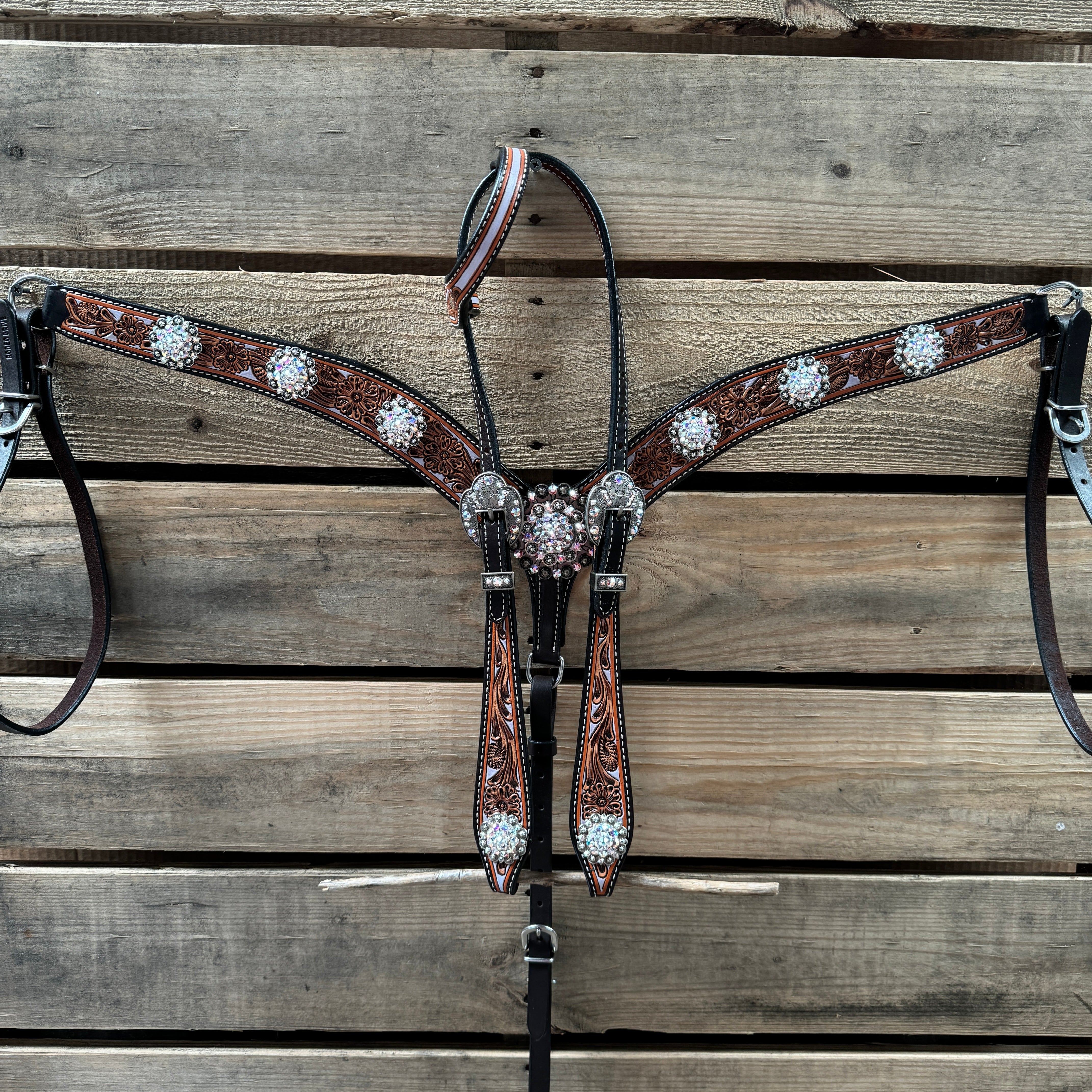Hand Painted Floral AB Browband / One Ear - Breastcollar Tack Set #BBBC645