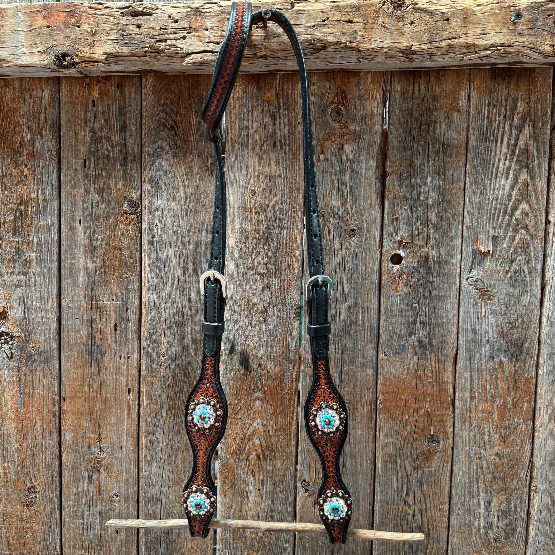 Teal Diamond Topaz and Turquoise Browband / One Ear - Breastcollar Tack Set #BBBC650