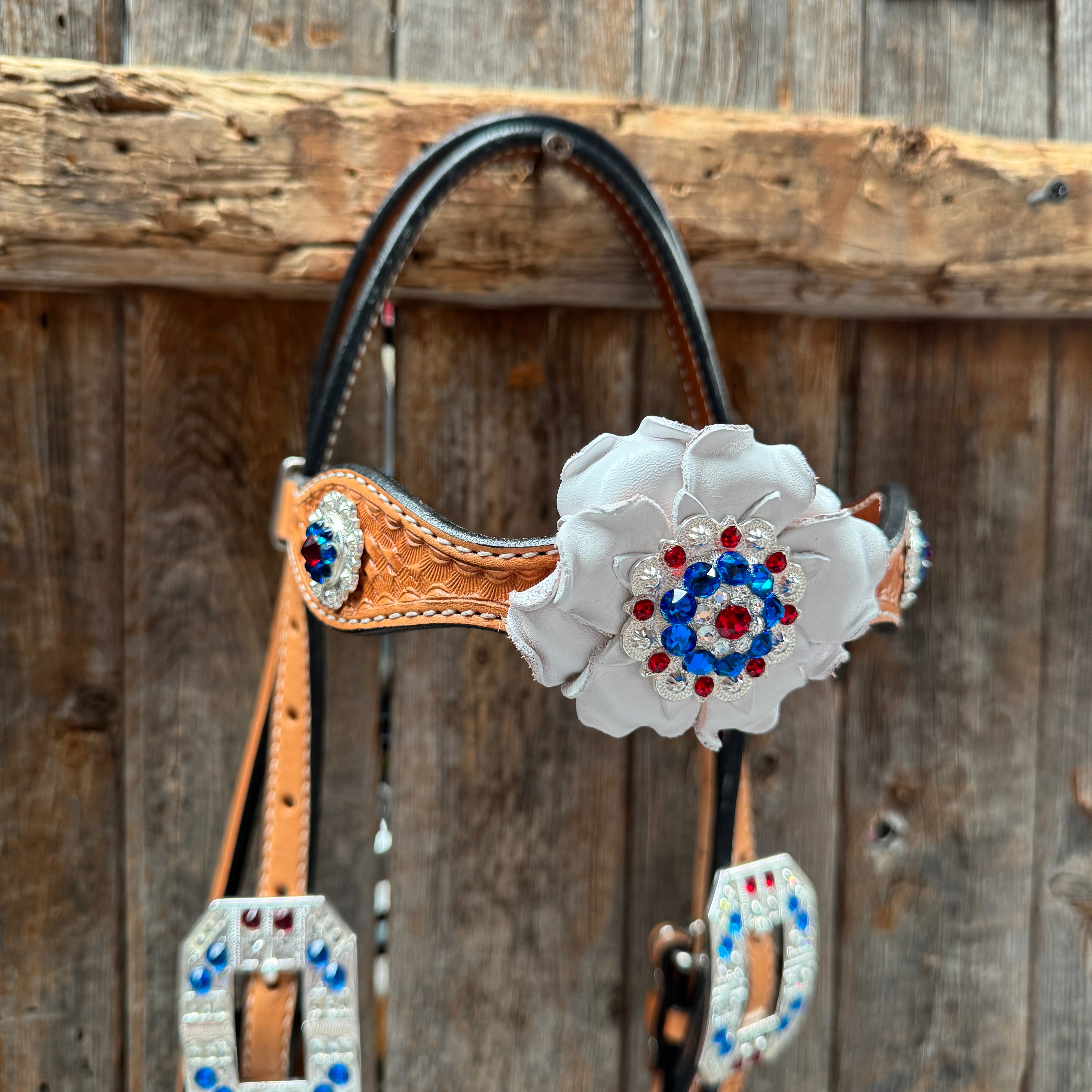Light Oil Basketweave Patriotic Browband / One Ear Tack Set  #BBBC470