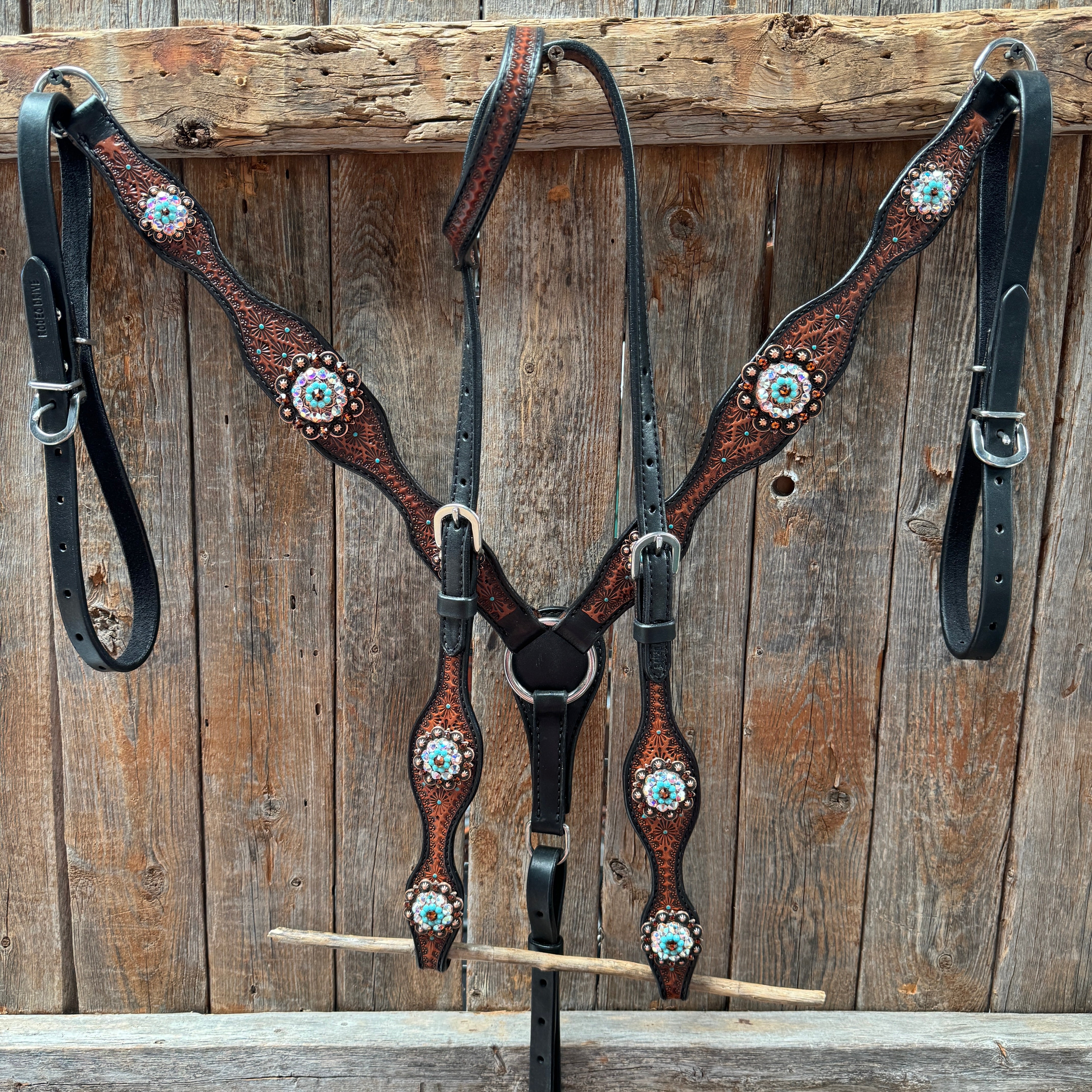 Teal Diamond Topaz and Turquoise Browband / One Ear - Breastcollar Tack Set #BBBC650