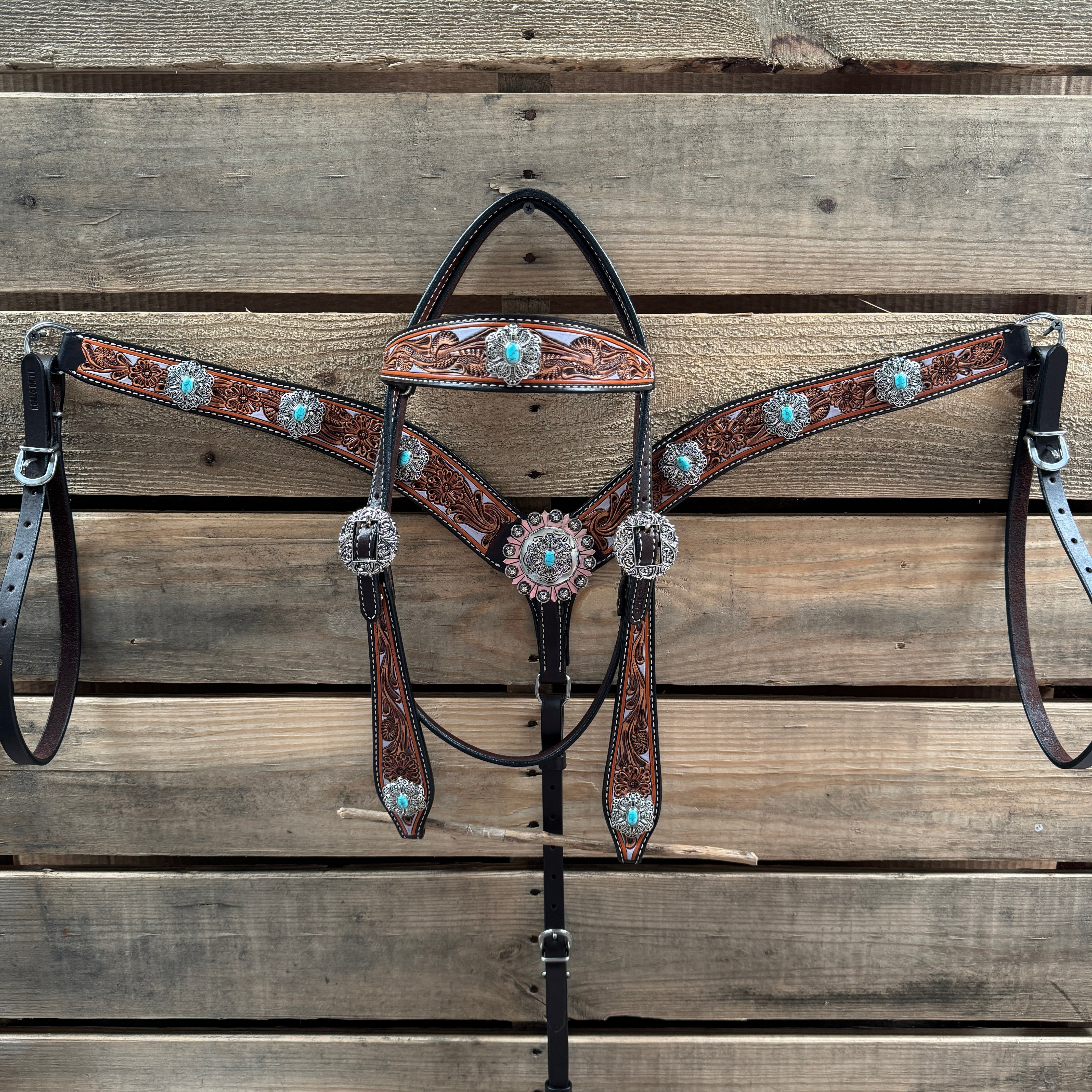Hand Painted Floral Filigree Browband / One Ear - Breastcollar Tack Set #BBBC646