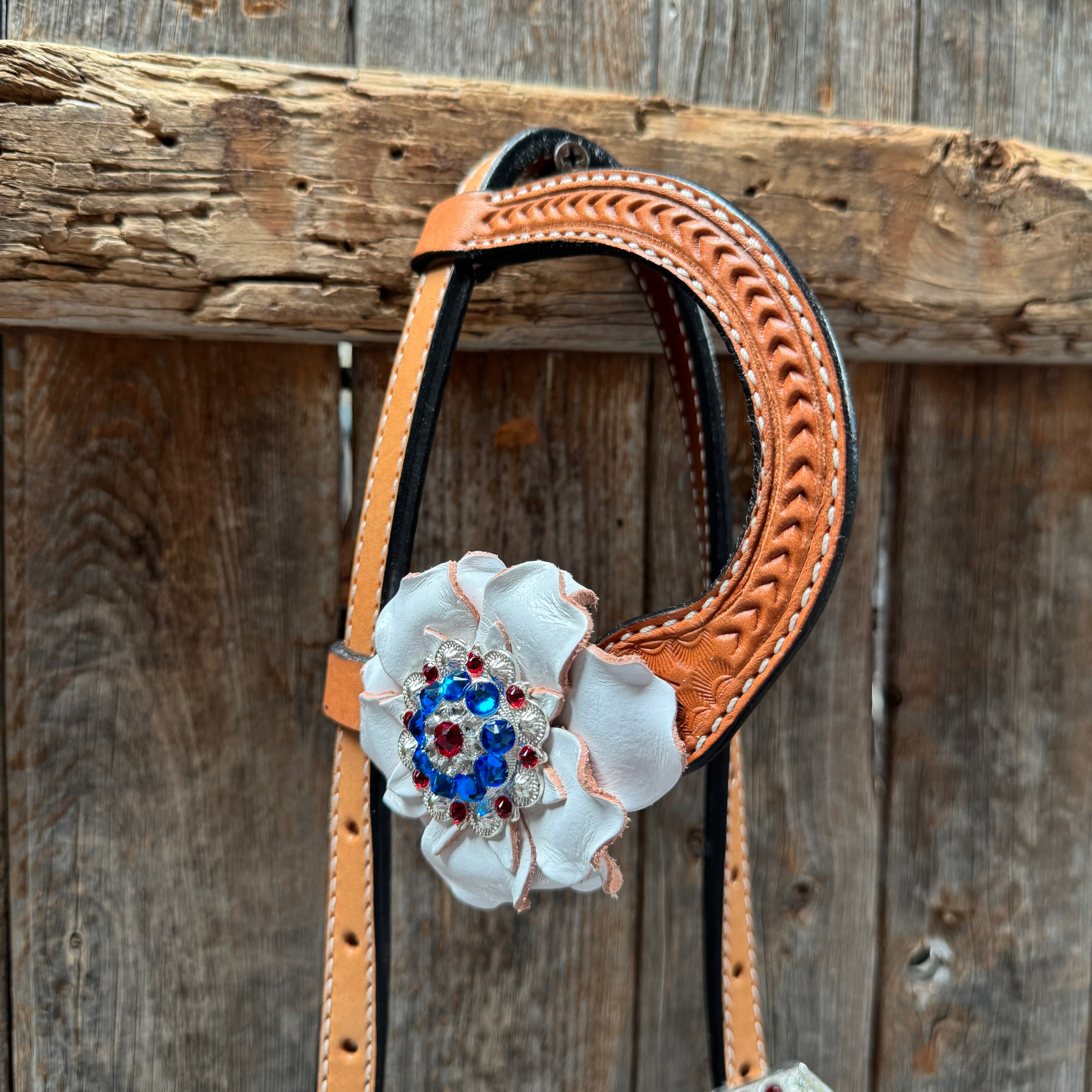Light Oil Basketweave Patriotic Browband / One Ear Tack Set  #BBBC470