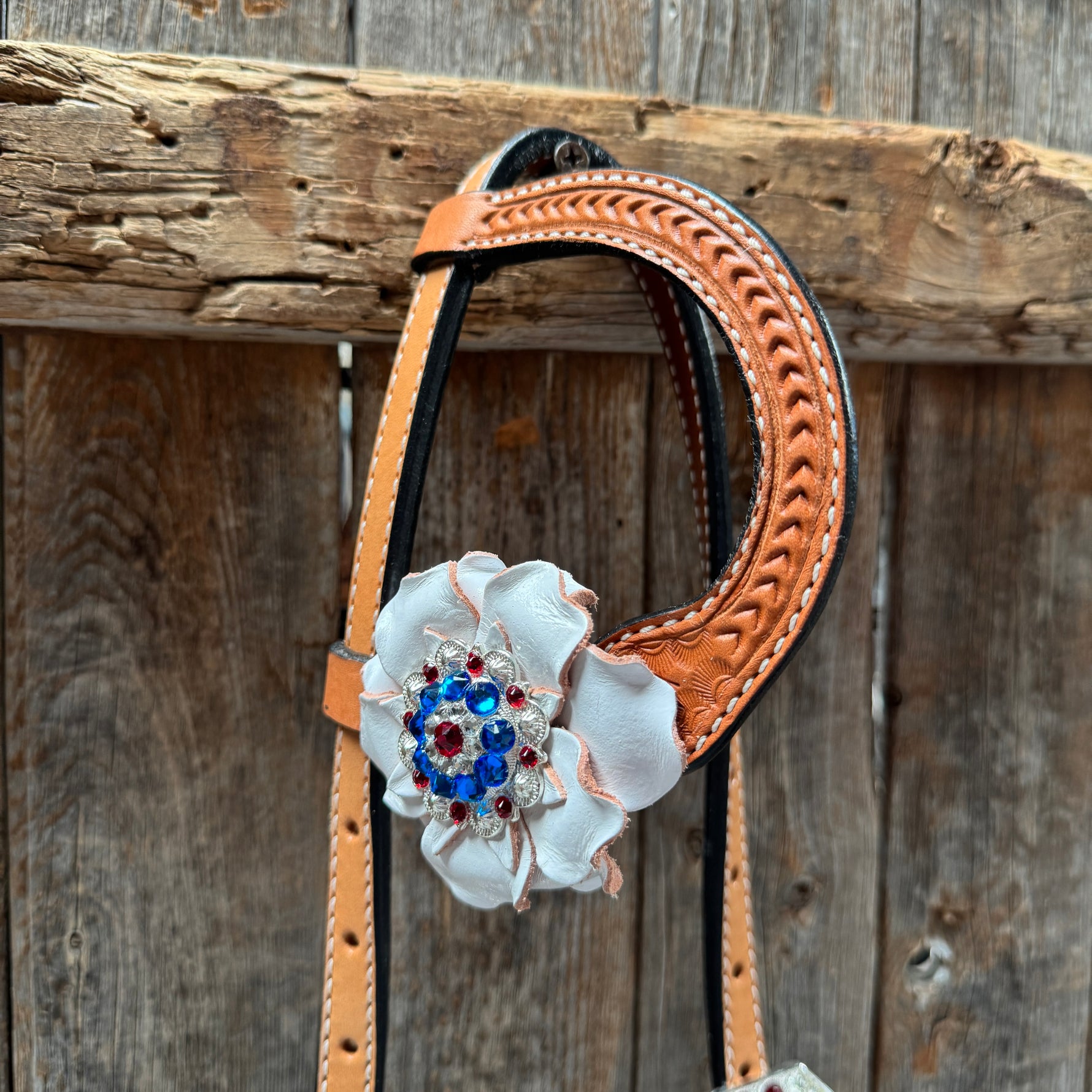 Light Oil Basketweave Patriotic Browband / One Ear Tack Set  #BBBC470