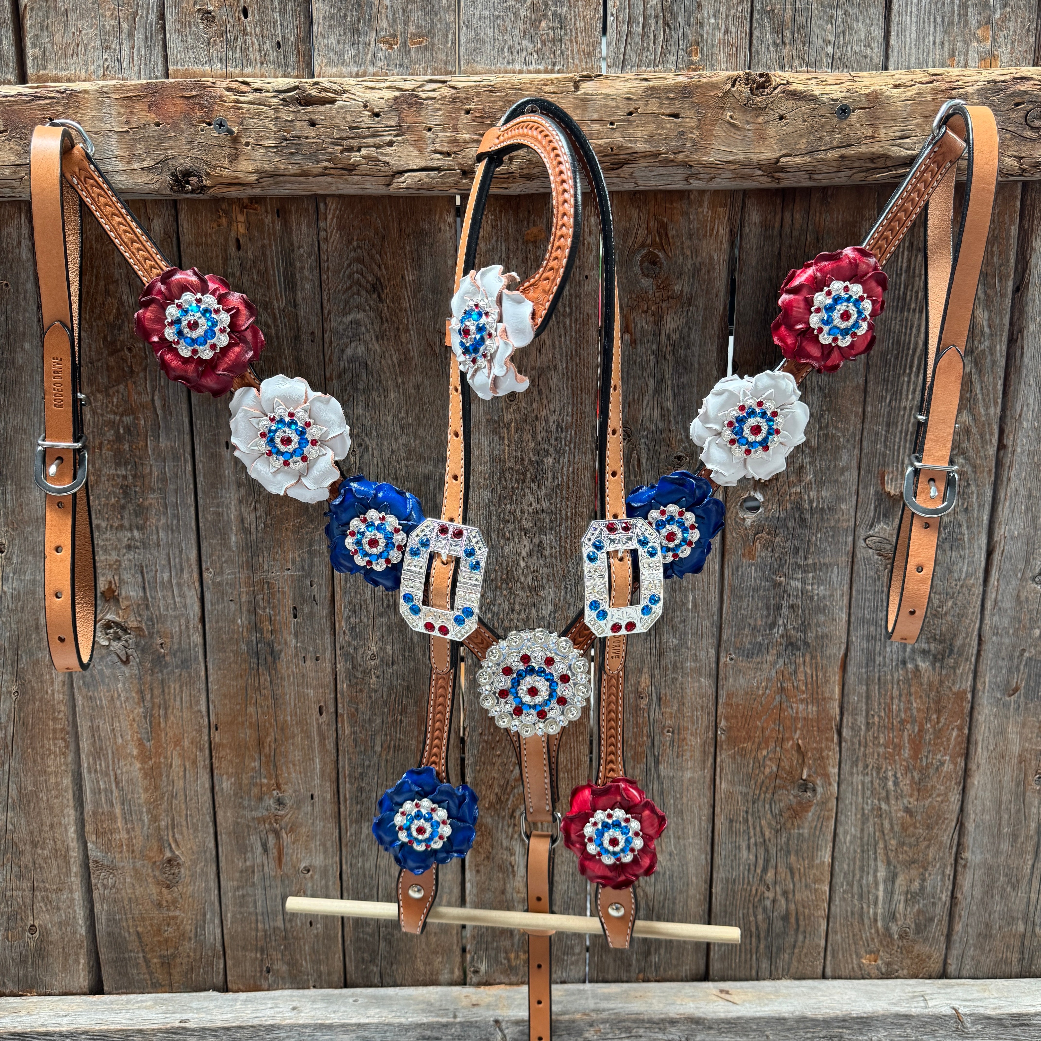 Light Oil Basketweave Patriotic Browband / One Ear Tack Set  #BBBC470