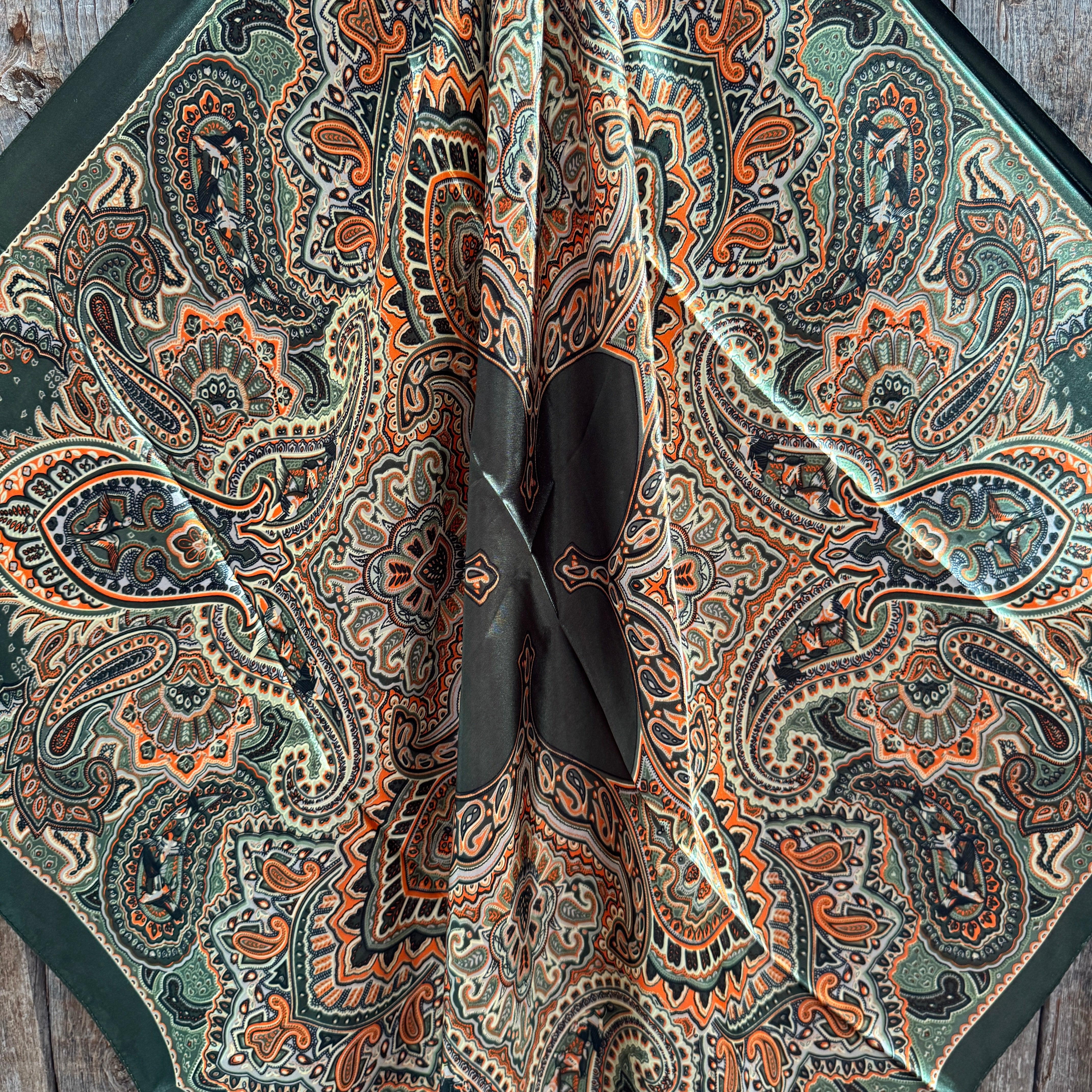 35X35" Olive Green and Orange Paisley Wild Rag / Scarf WR3451
