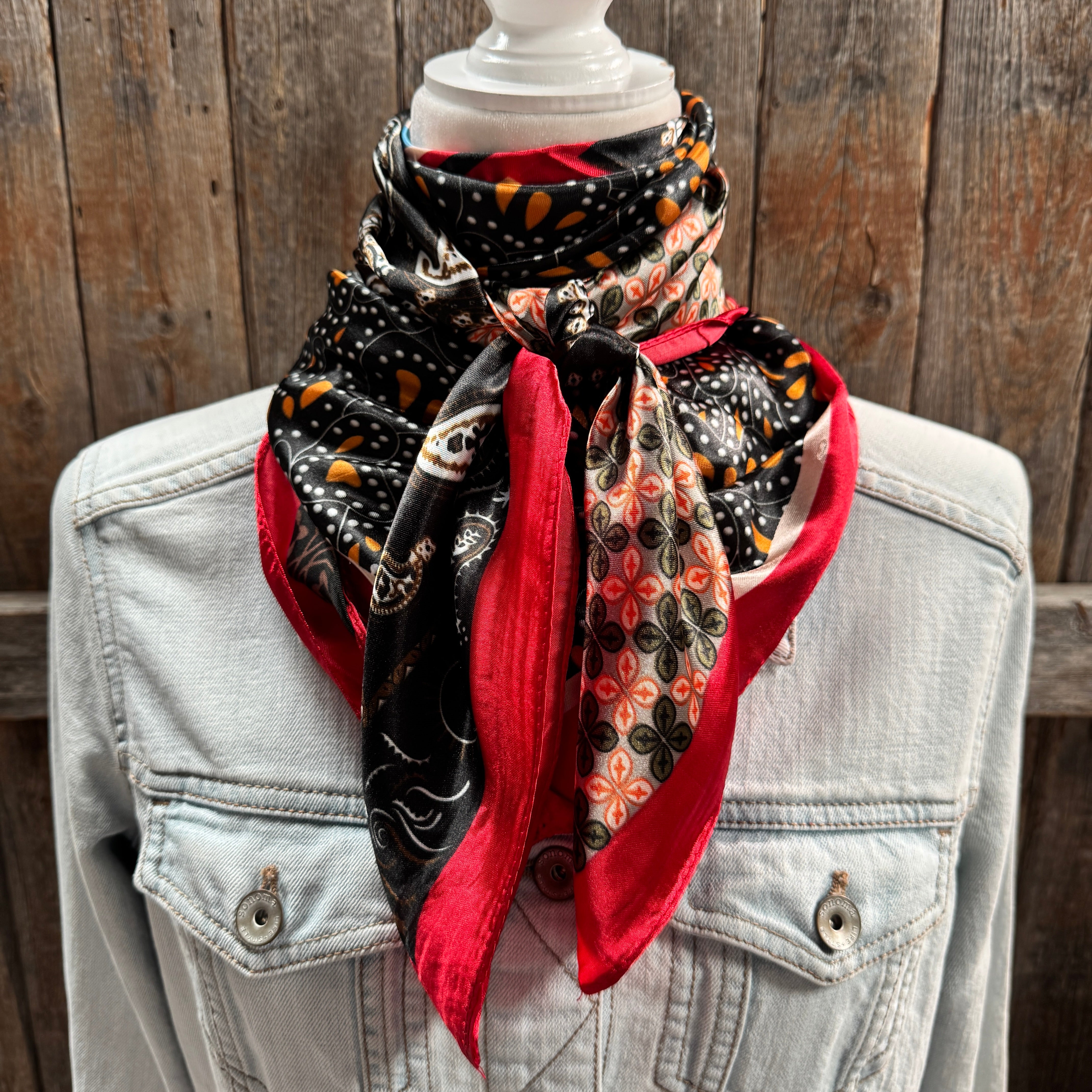 35X35" Red and Black Multi Patterned Wild Rag / Scarf WR3460