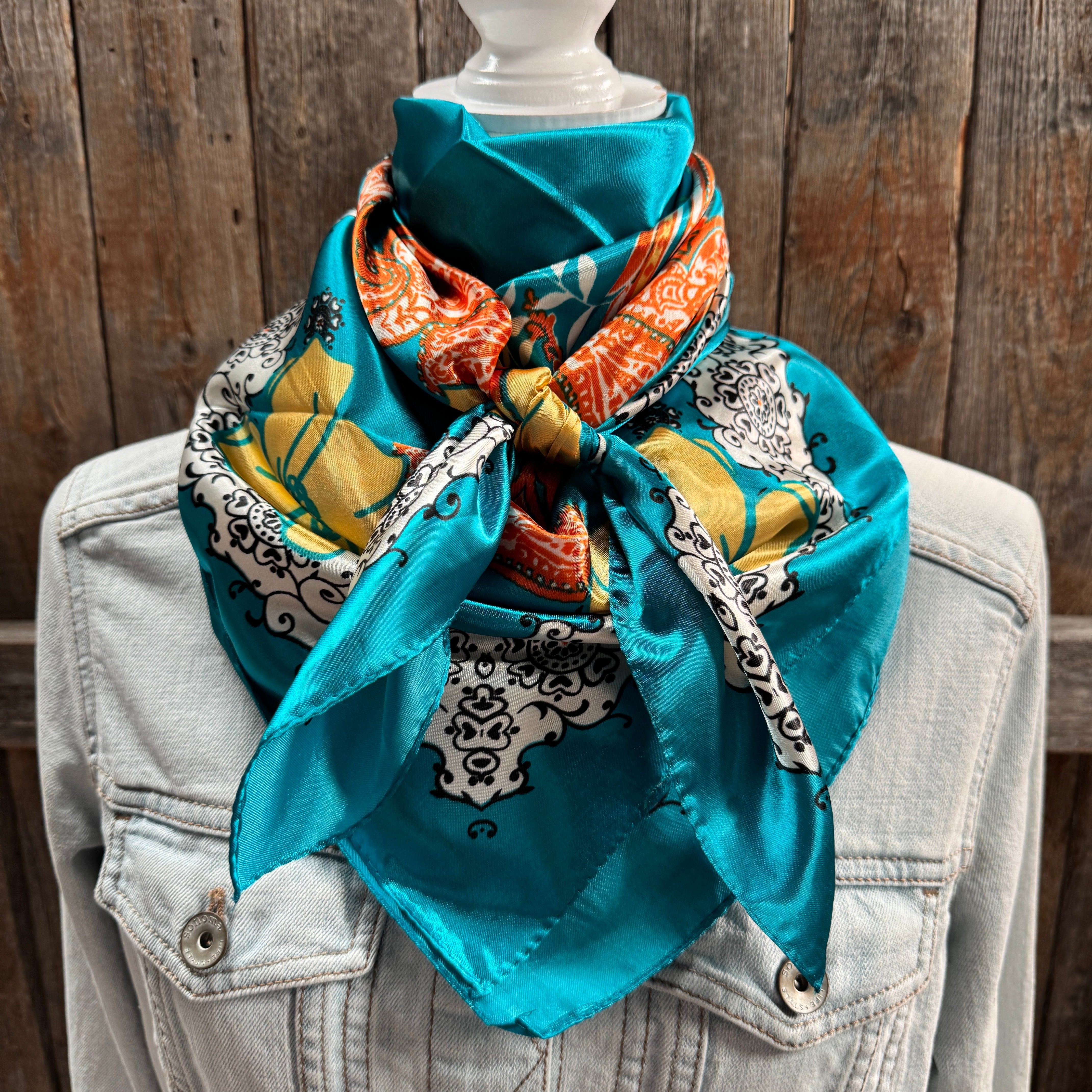 35X35" Teal and Orange Floral Paisley Wild Rag / Scarf WR3462