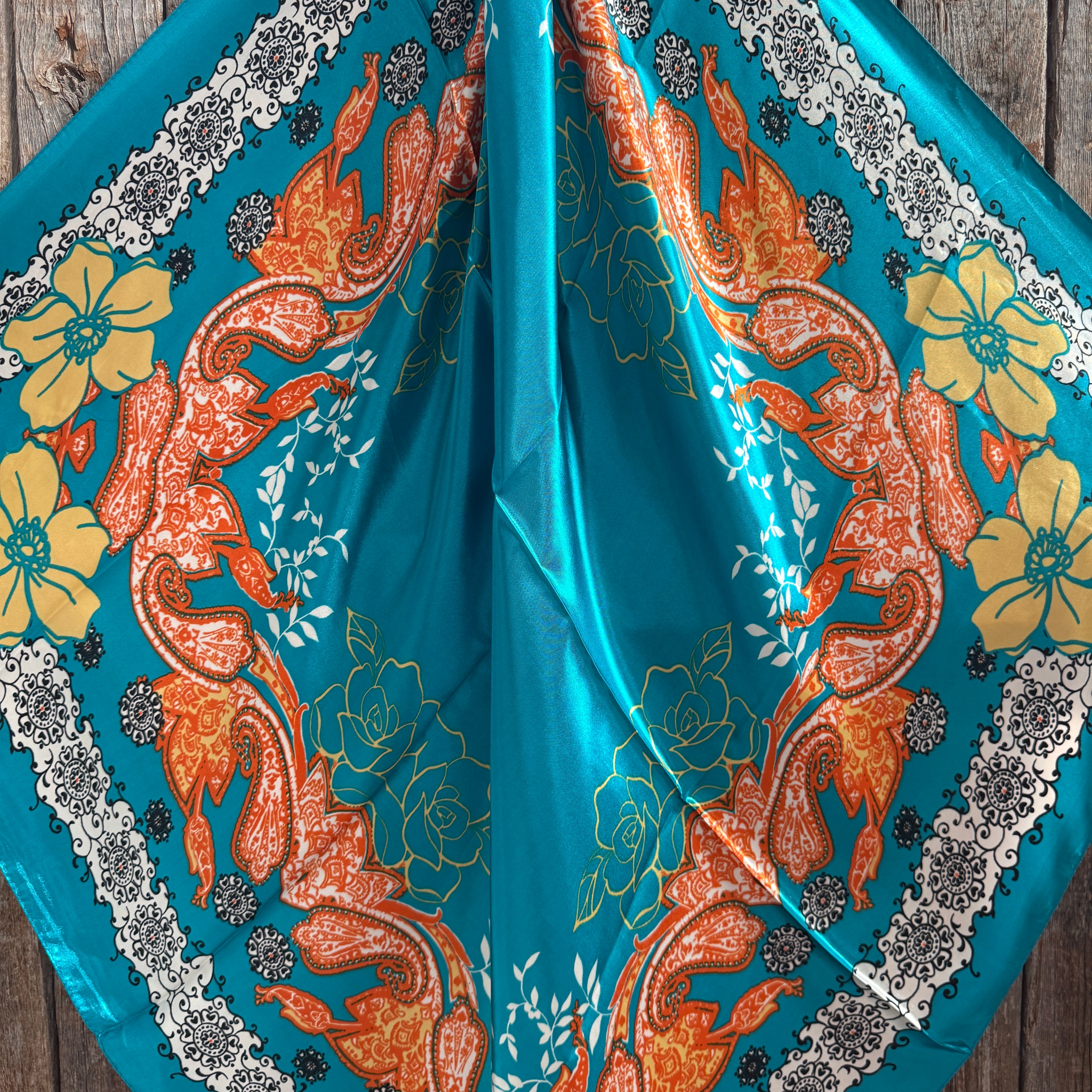 35X35" Teal and Orange Floral Paisley Wild Rag / Scarf WR3462