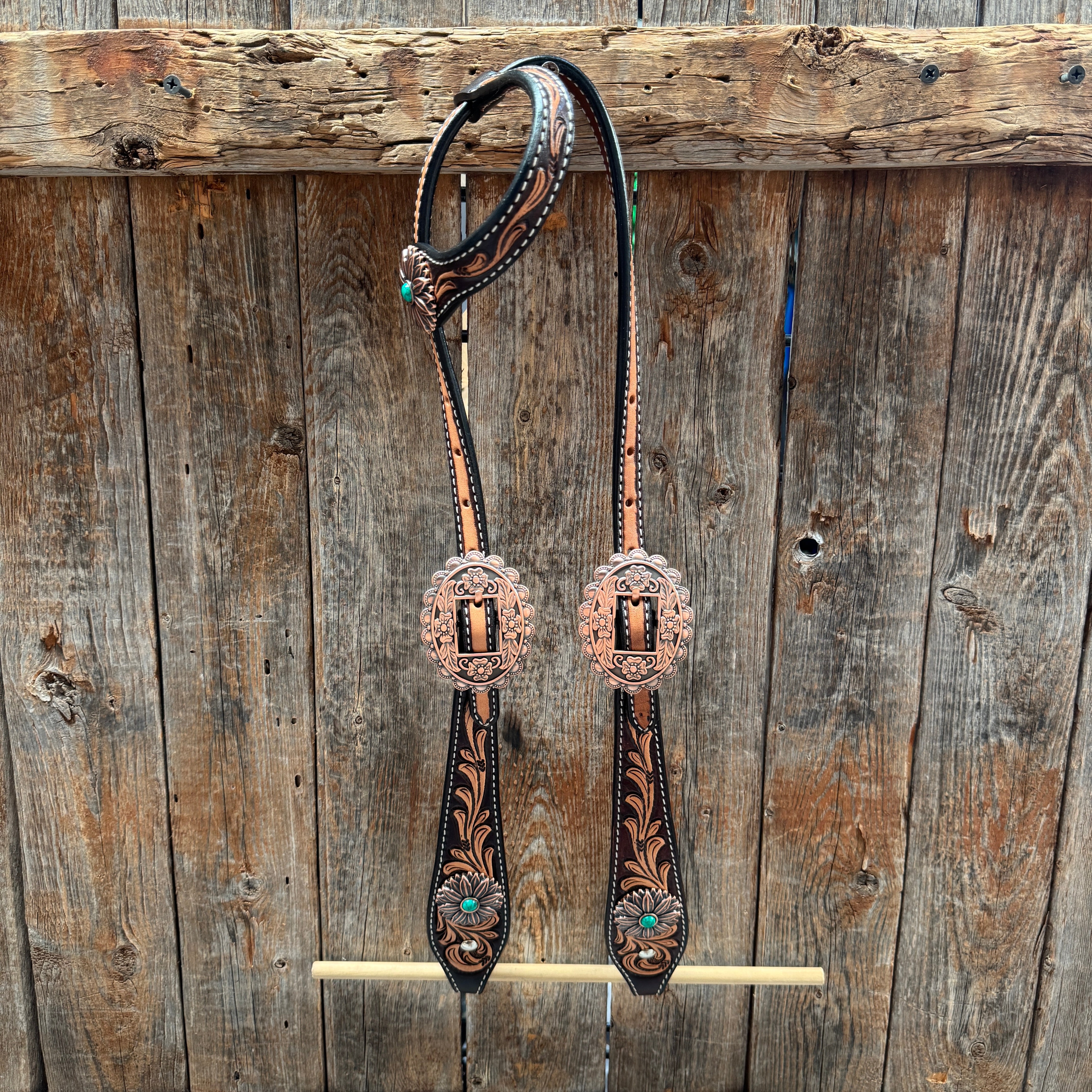 Two Tone Floral Western Turquoise Flower Browband / One Ear Tack Set #BBBC474