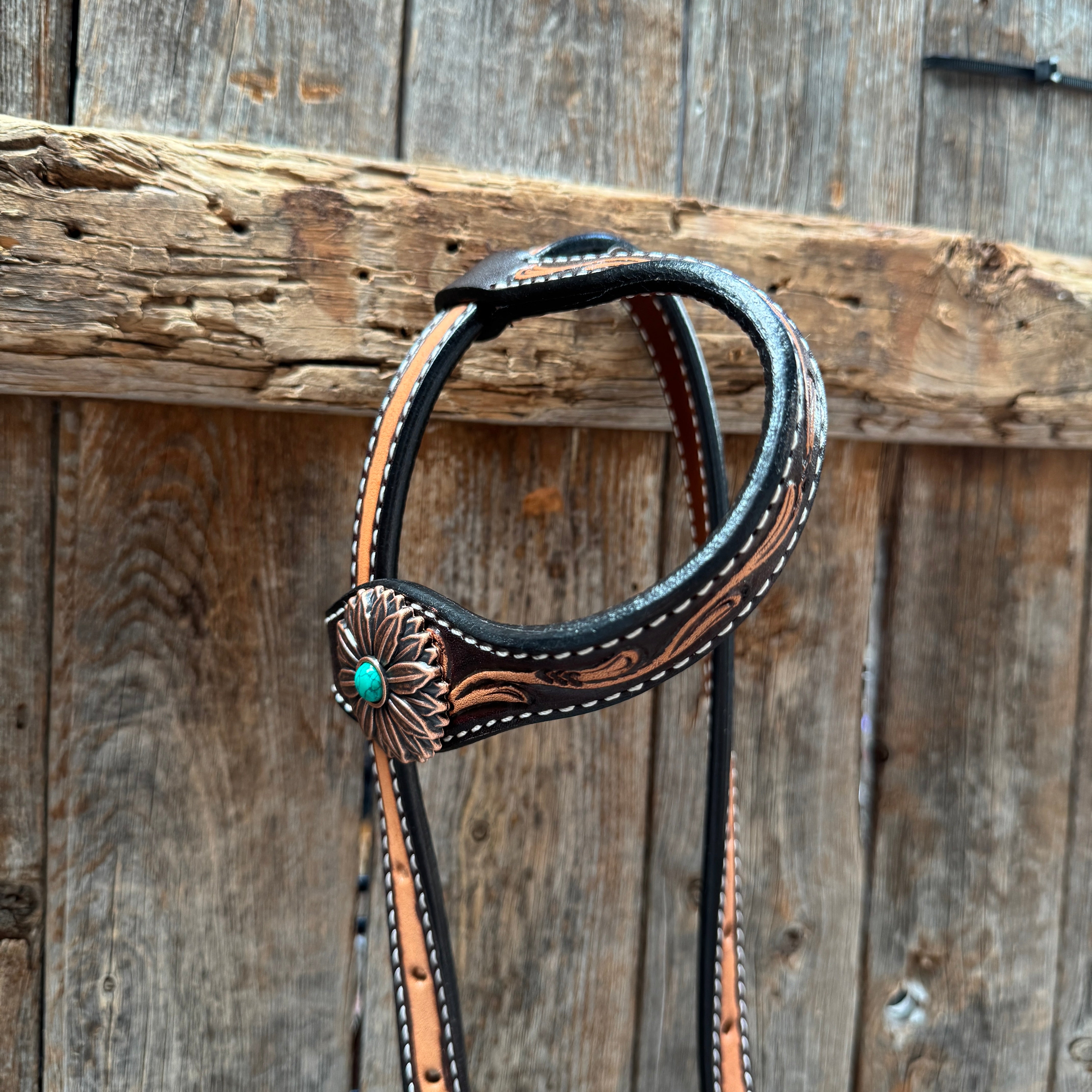Two Tone Floral Western Turquoise Flower Browband / One Ear Tack Set #BBBC474