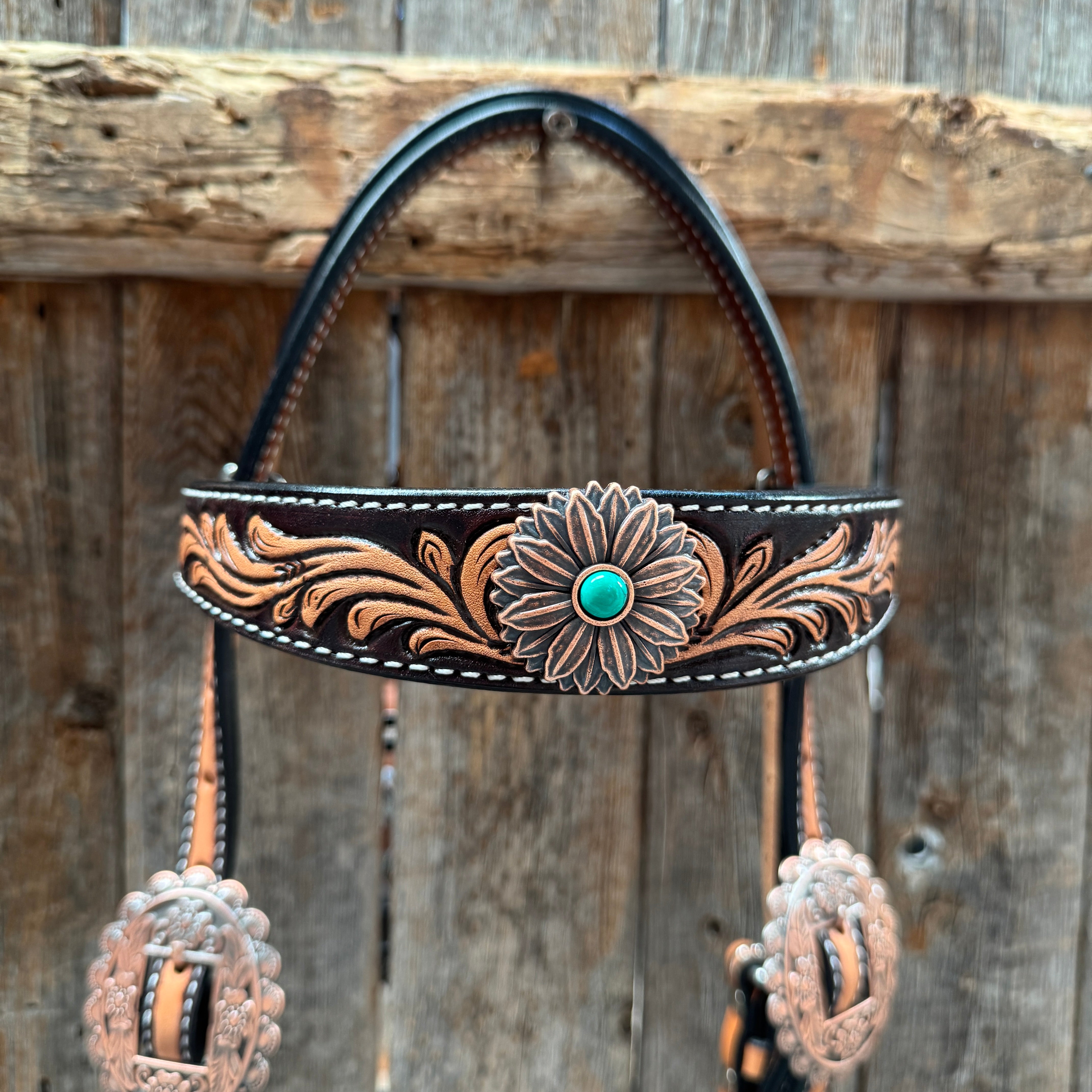 Two Tone Floral Western Turquoise Flower Browband / One Ear Tack Set #BBBC474