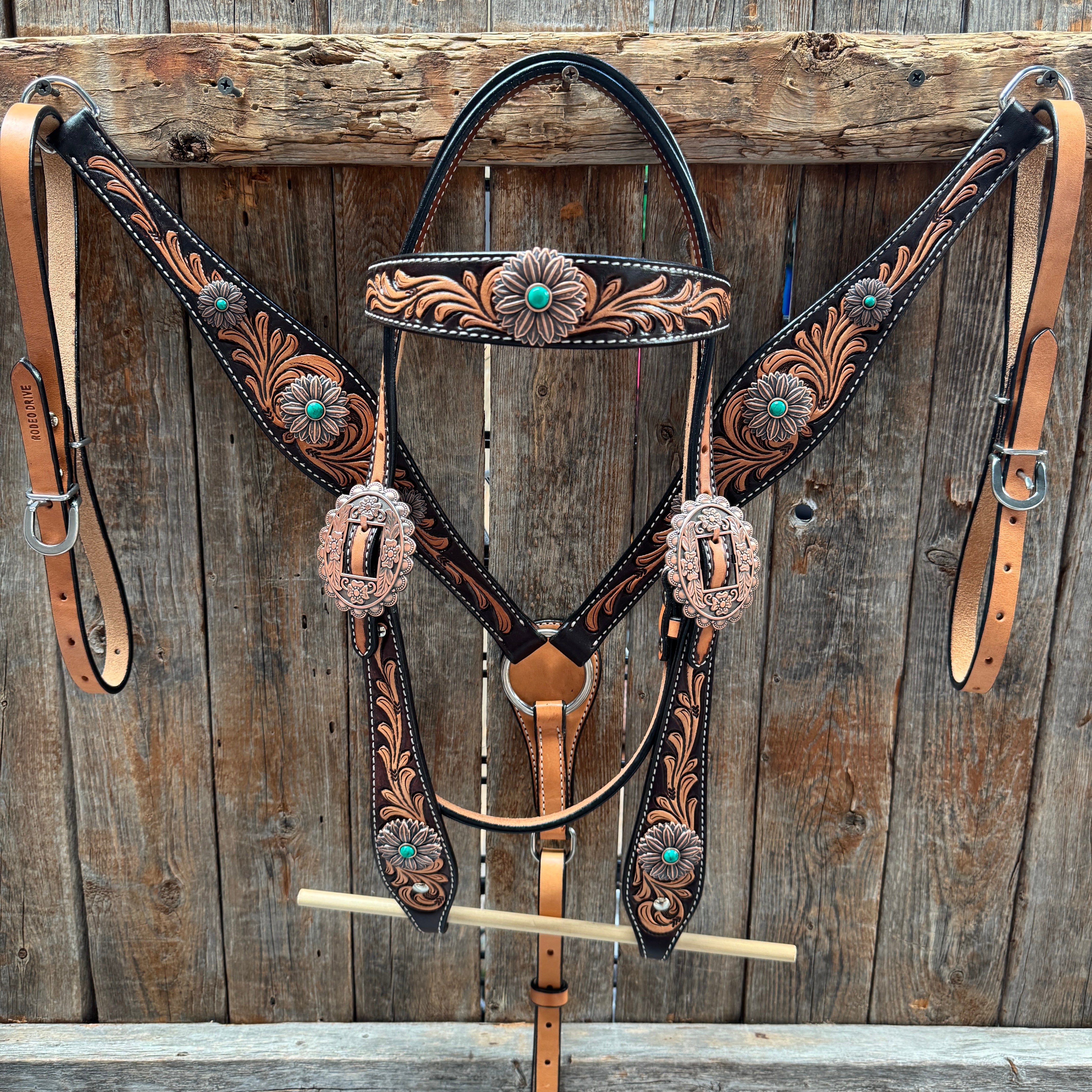 Two Tone Floral Western Turquoise Flower Browband / One Ear Tack Set #BBBC474