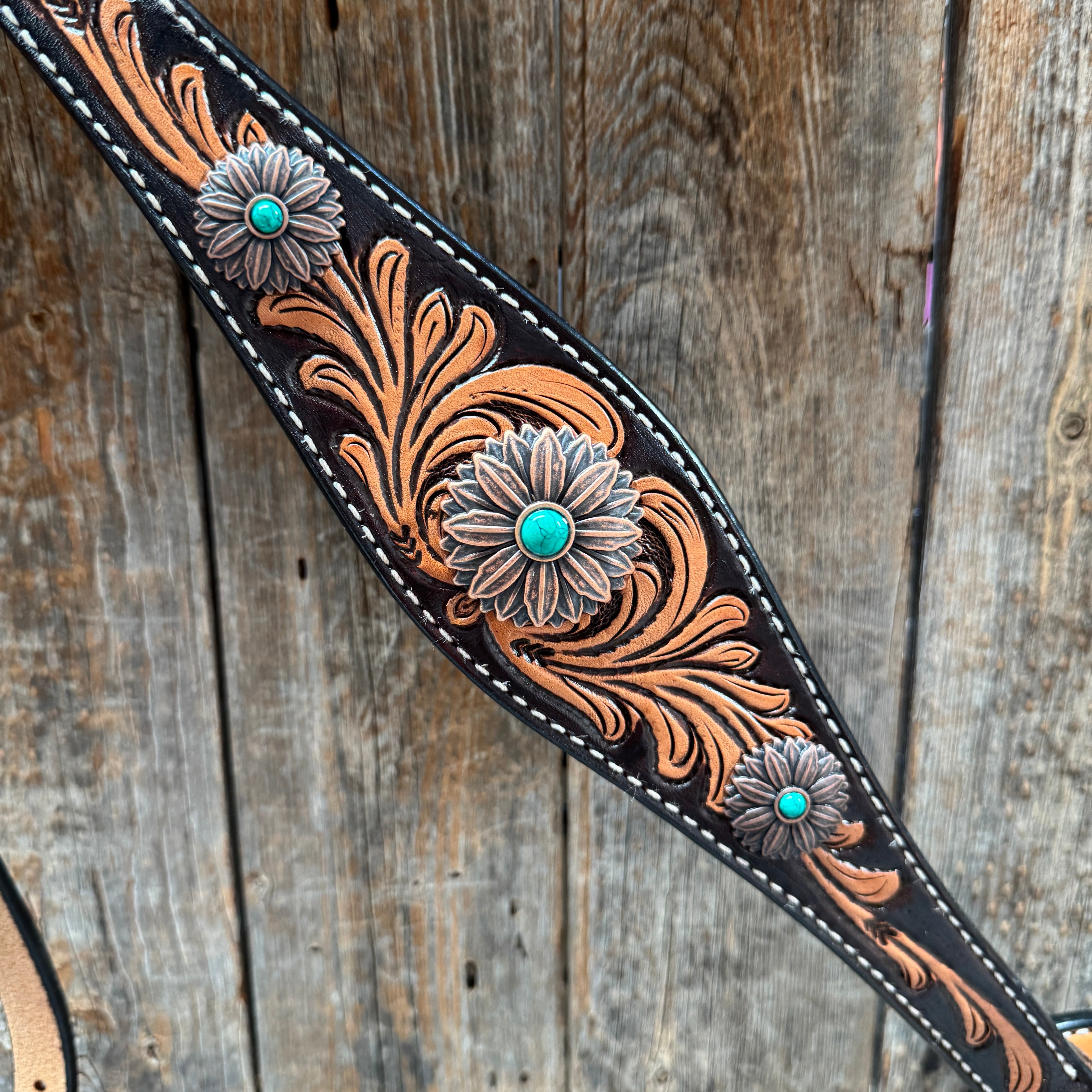 Two Tone Floral Western Turquoise Flower Browband / One Ear Tack Set #BBBC474