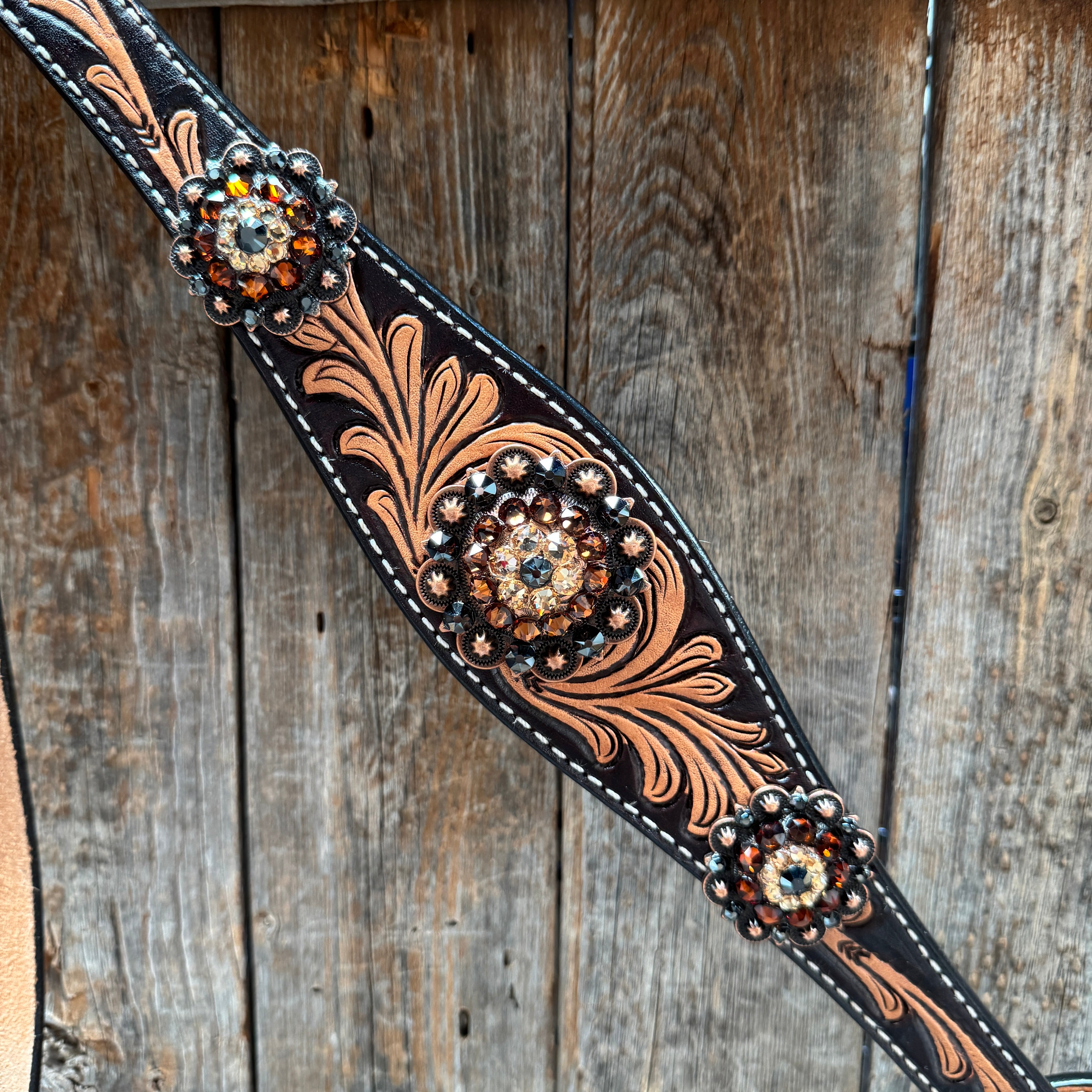 Two Tone Floral Jet, Champagne and Topaz Browband / One Ear Tack Set #BBBC477