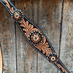 Two Tone Floral Jet, Champagne and Topaz Browband / One Ear Tack Set #BBBC477