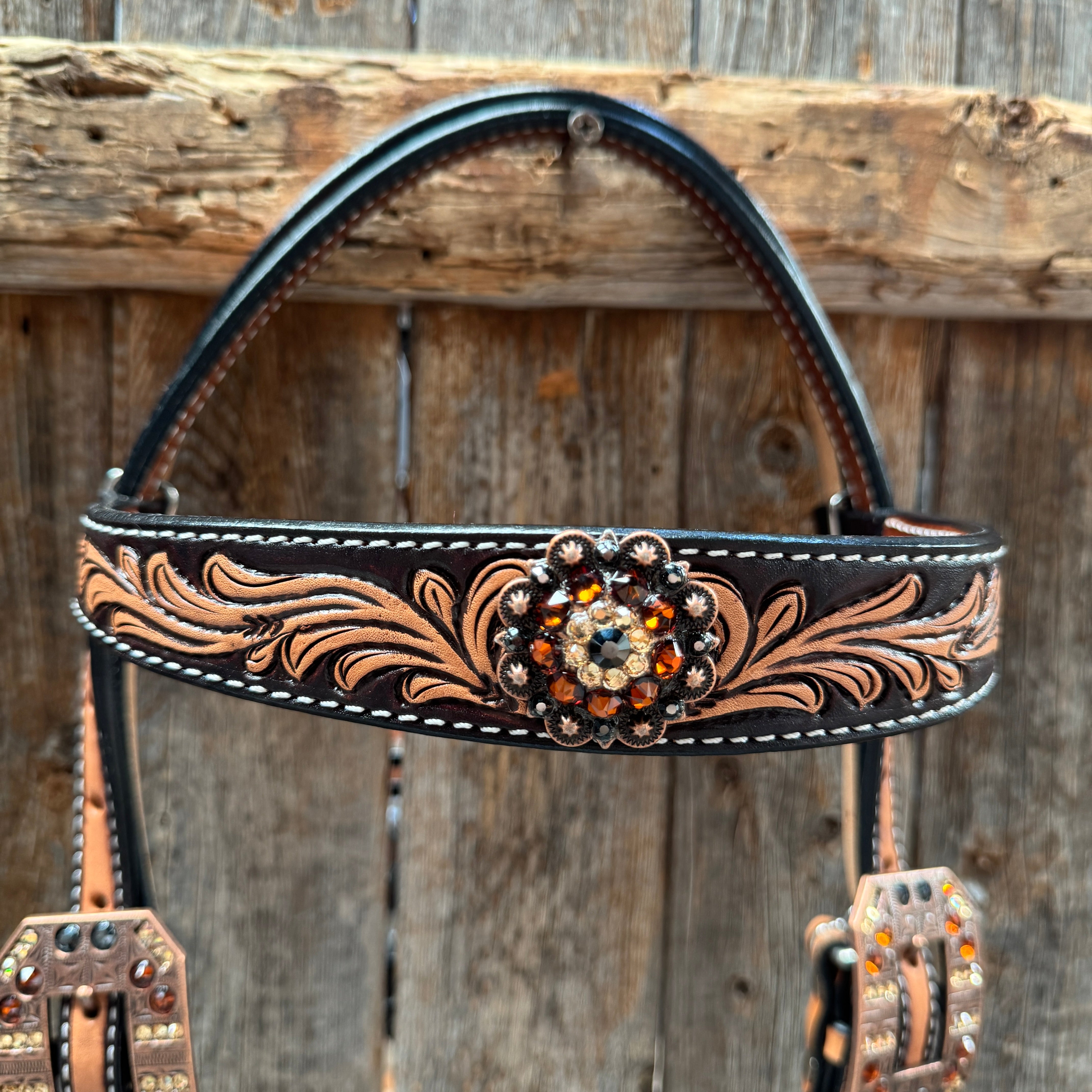 Two Tone Floral Jet, Champagne and Topaz Browband / One Ear Tack Set #BBBC477