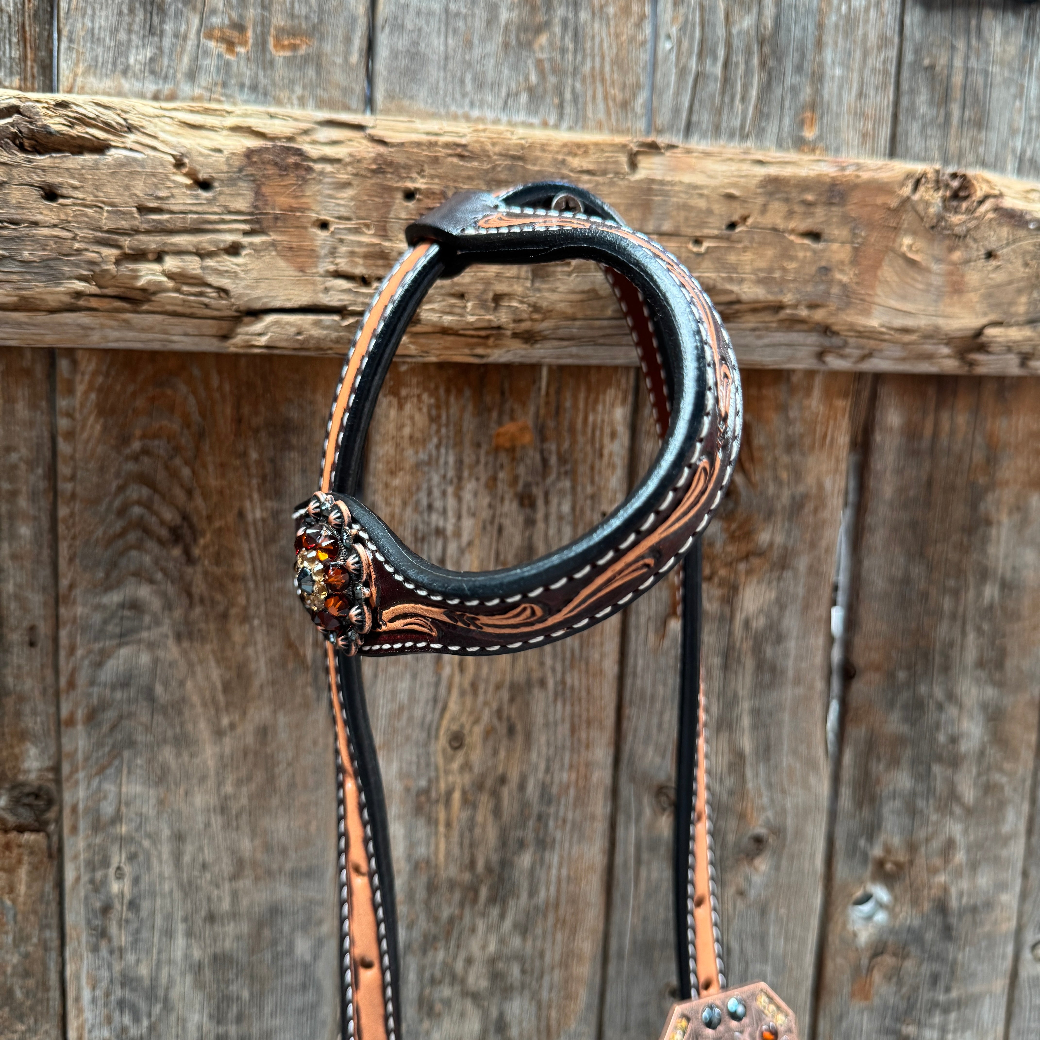 Two Tone Floral Jet, Champagne and Topaz Browband / One Ear Tack Set #BBBC477