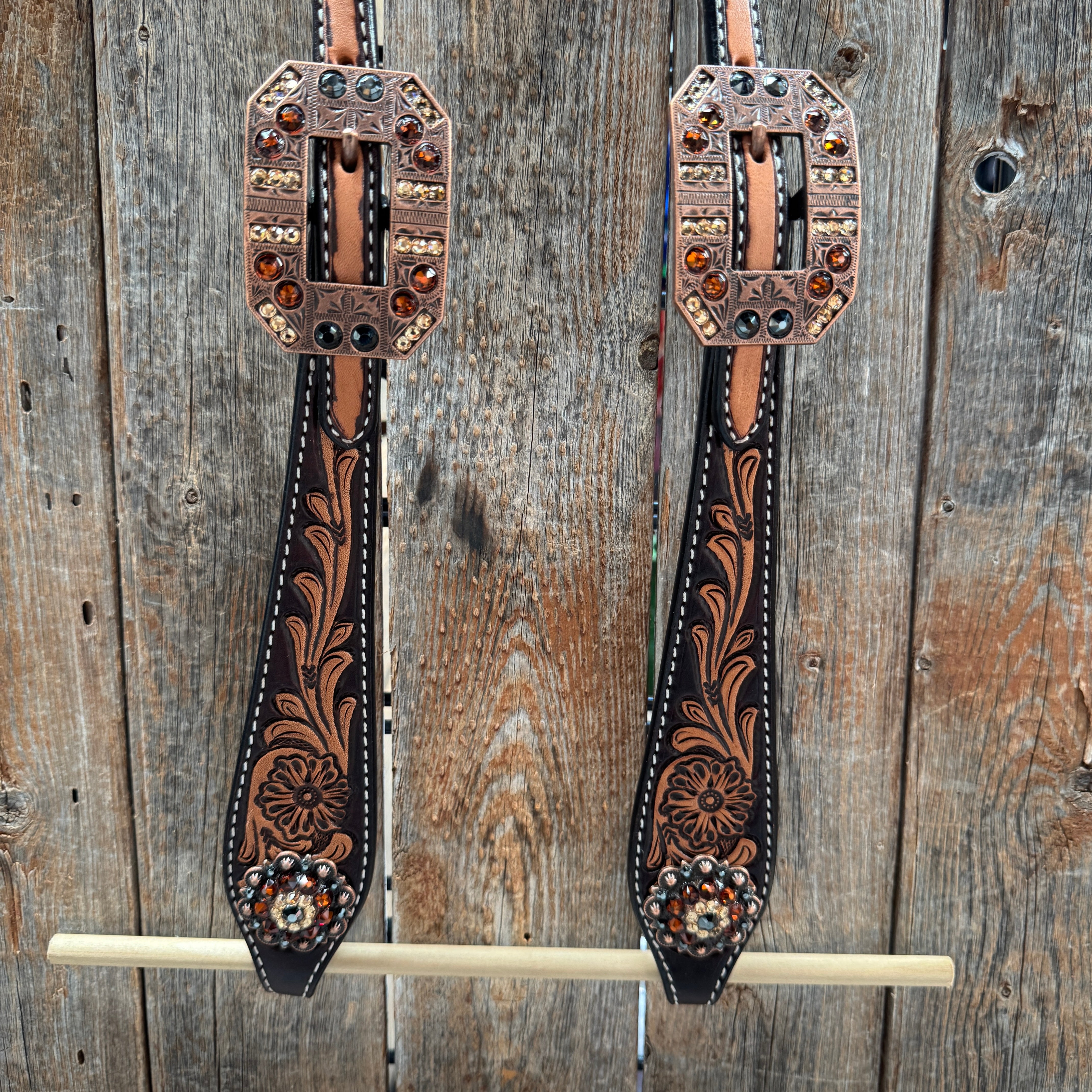 Two Tone Floral Jet, Champagne and Topaz Browband / One Ear Tack Set #BBBC477