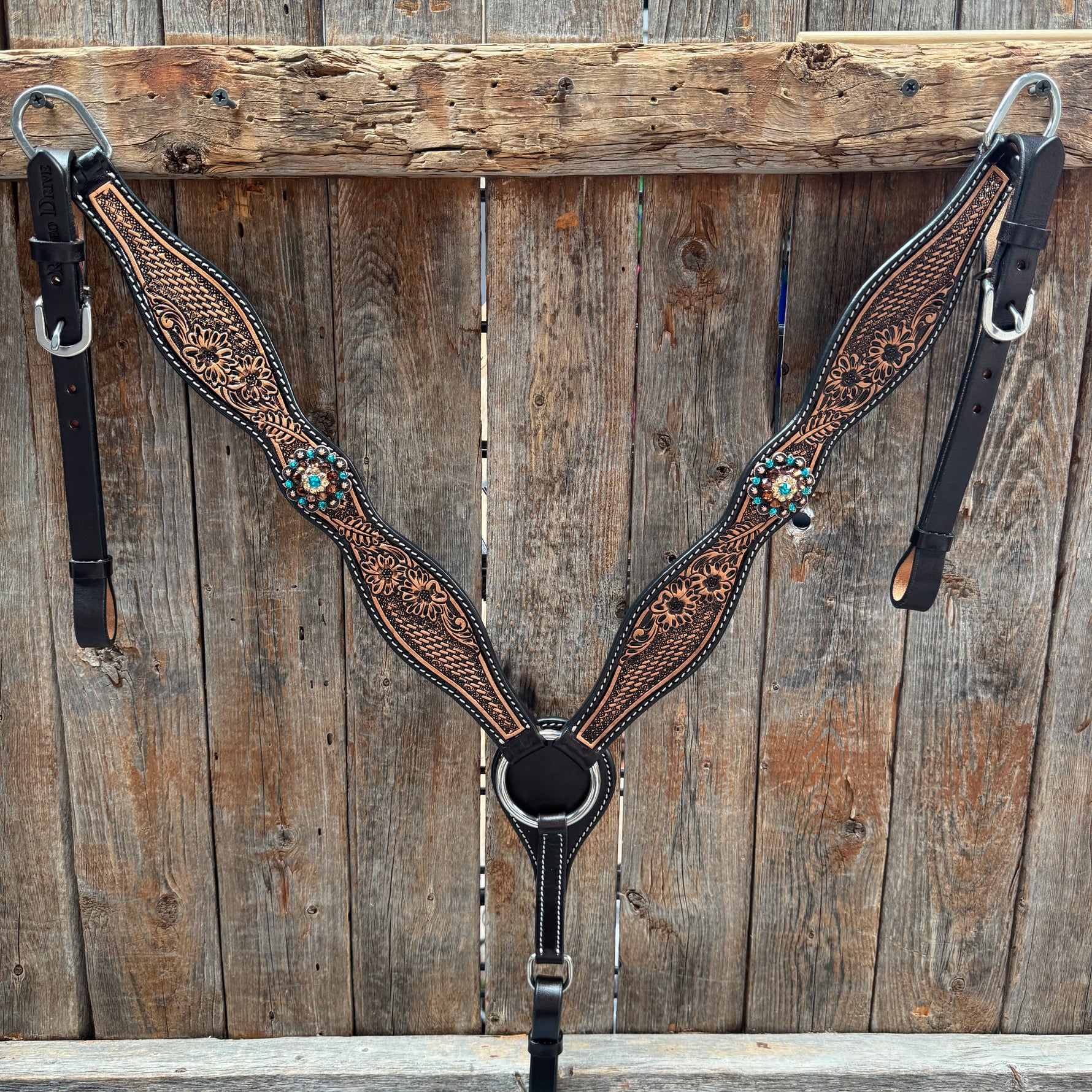Two Tone Floral and Basketweave Teal, Champagne and Topaz Browband Tack Set #BBBC480