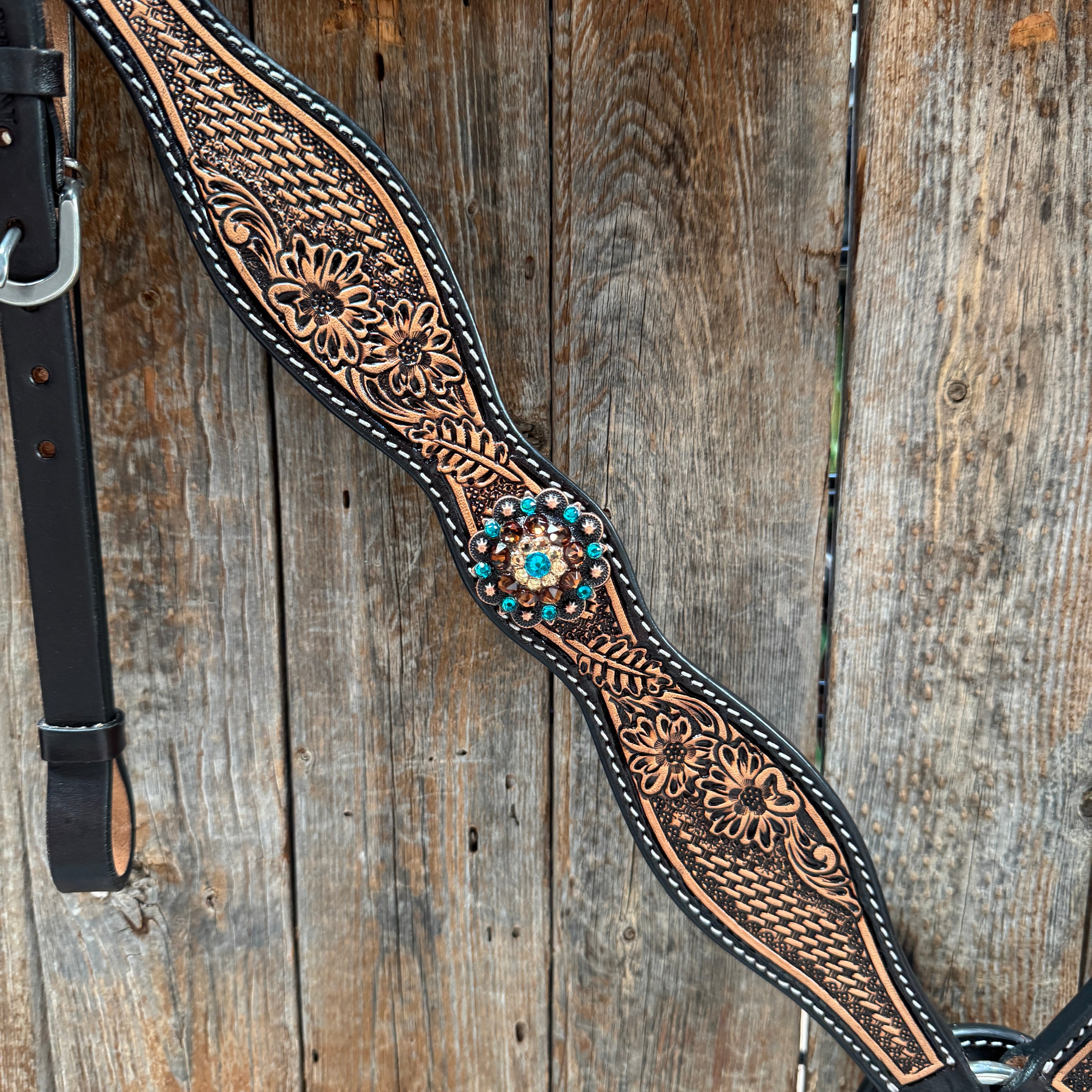 Two Tone Floral and Basketweave Teal, Champagne and Topaz Browband Tack Set #BBBC480