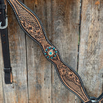 Two Tone Floral and Basketweave Teal, Champagne and Topaz Browband Tack Set #BBBC480