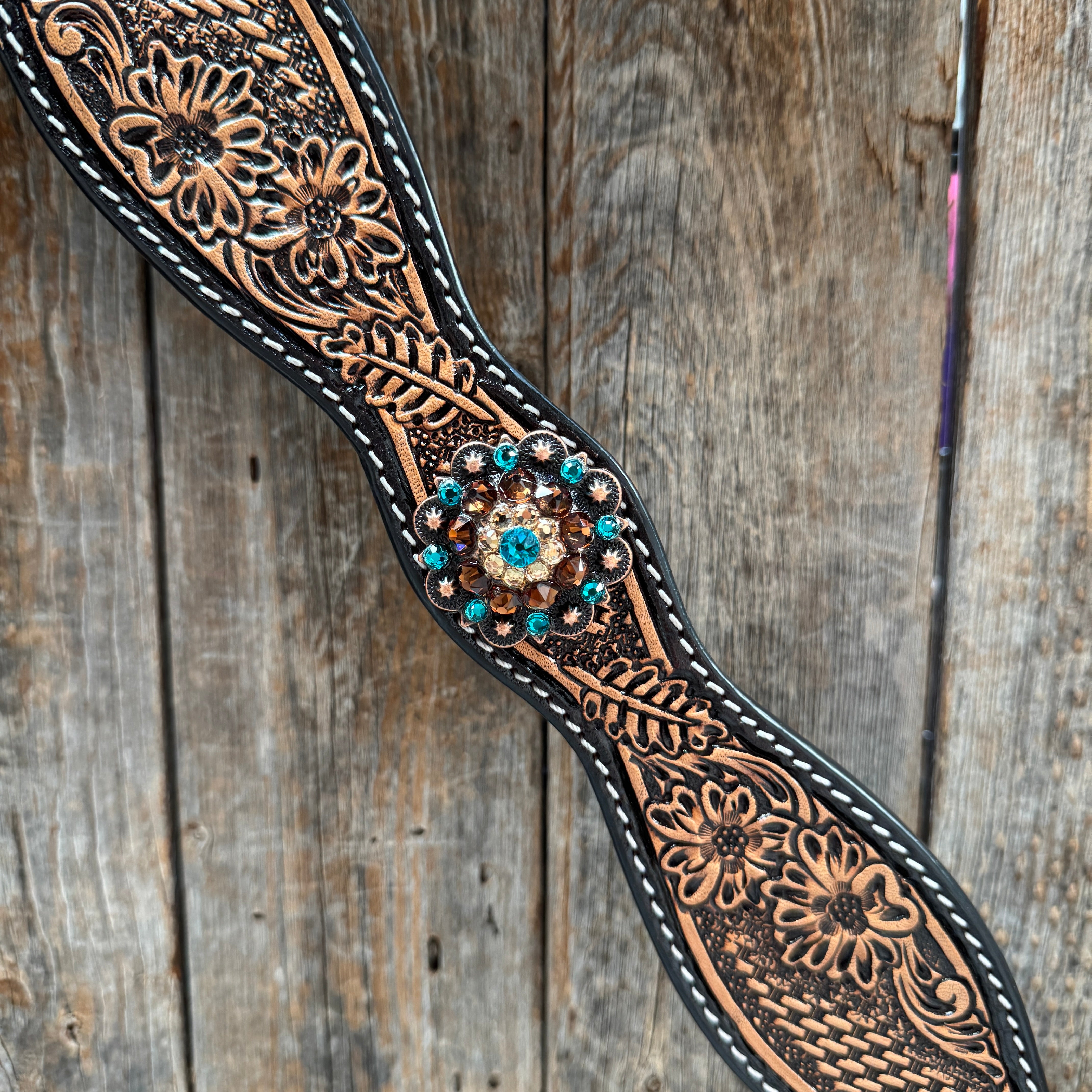 Two Tone Floral and Basketweave Teal, Champagne and Topaz Browband Tack Set #BBBC480