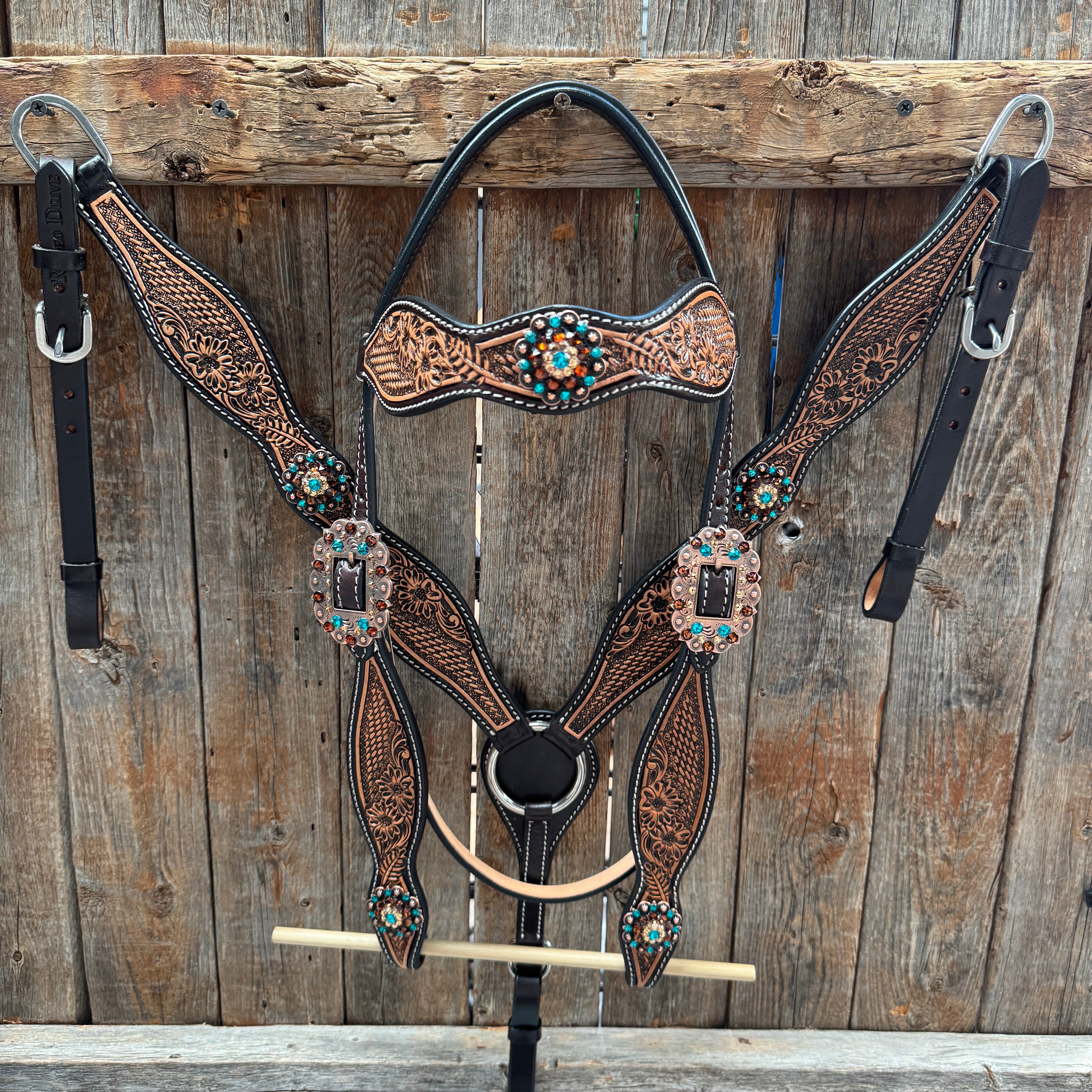 Two Tone Floral and Basketweave Teal, Champagne and Topaz Browband Tack Set #BBBC480