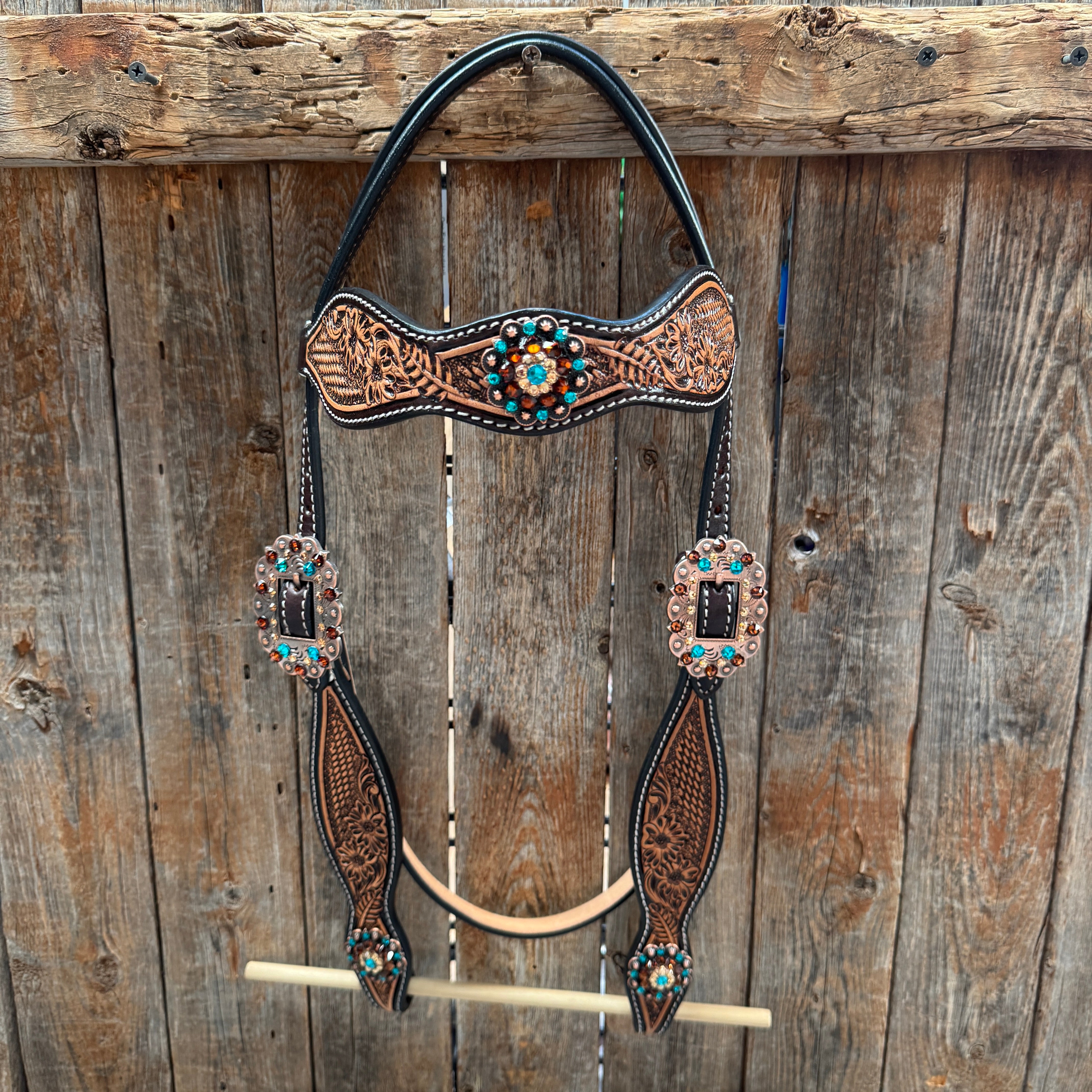Two Tone Floral and Basketweave Teal, Champagne and Topaz Browband Tack Set #BBBC480