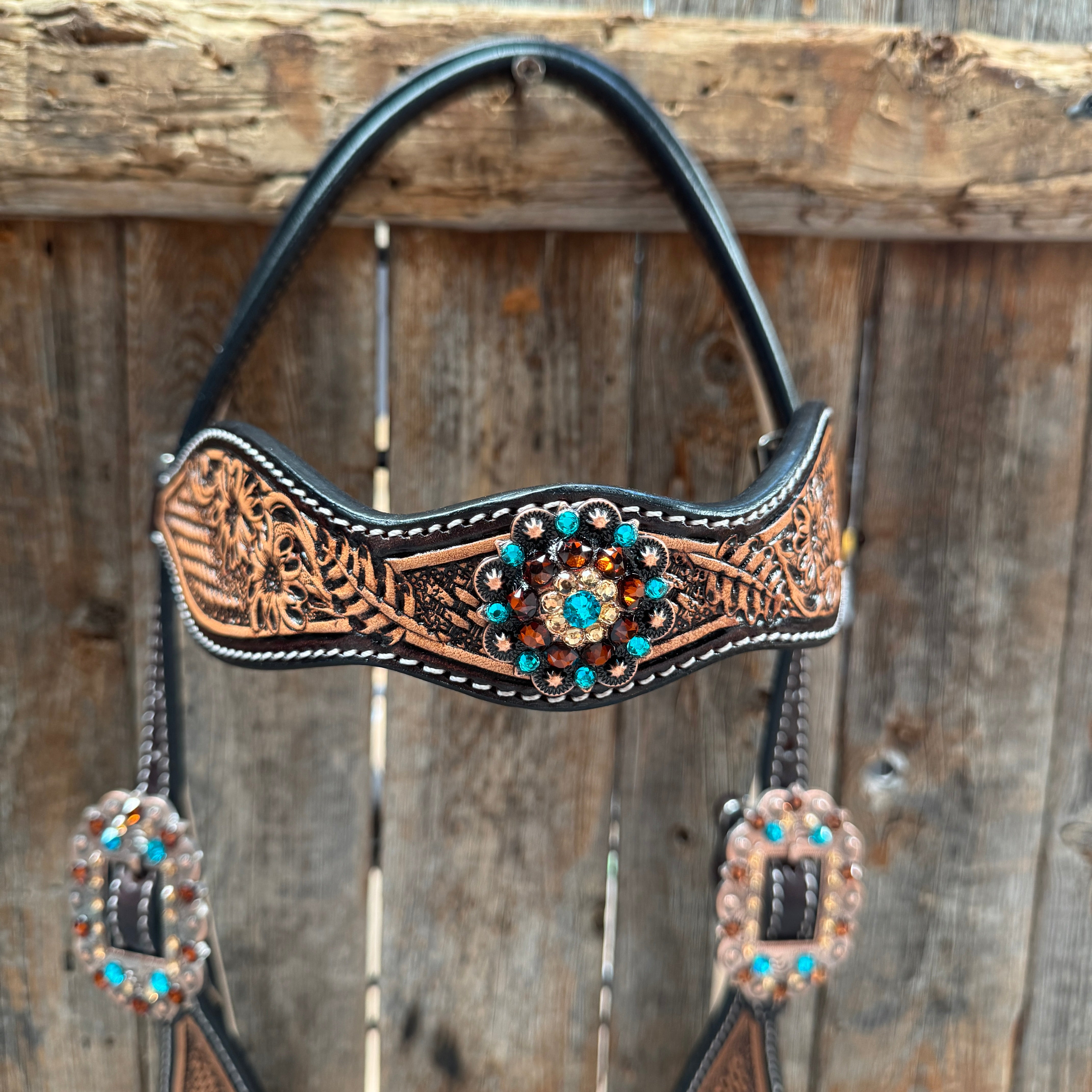 Two Tone Floral and Basketweave Teal, Champagne and Topaz Browband Tack Set #BBBC480