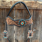 Two Tone Floral and Basketweave Teal, Champagne and Topaz Browband Tack Set #BBBC480
