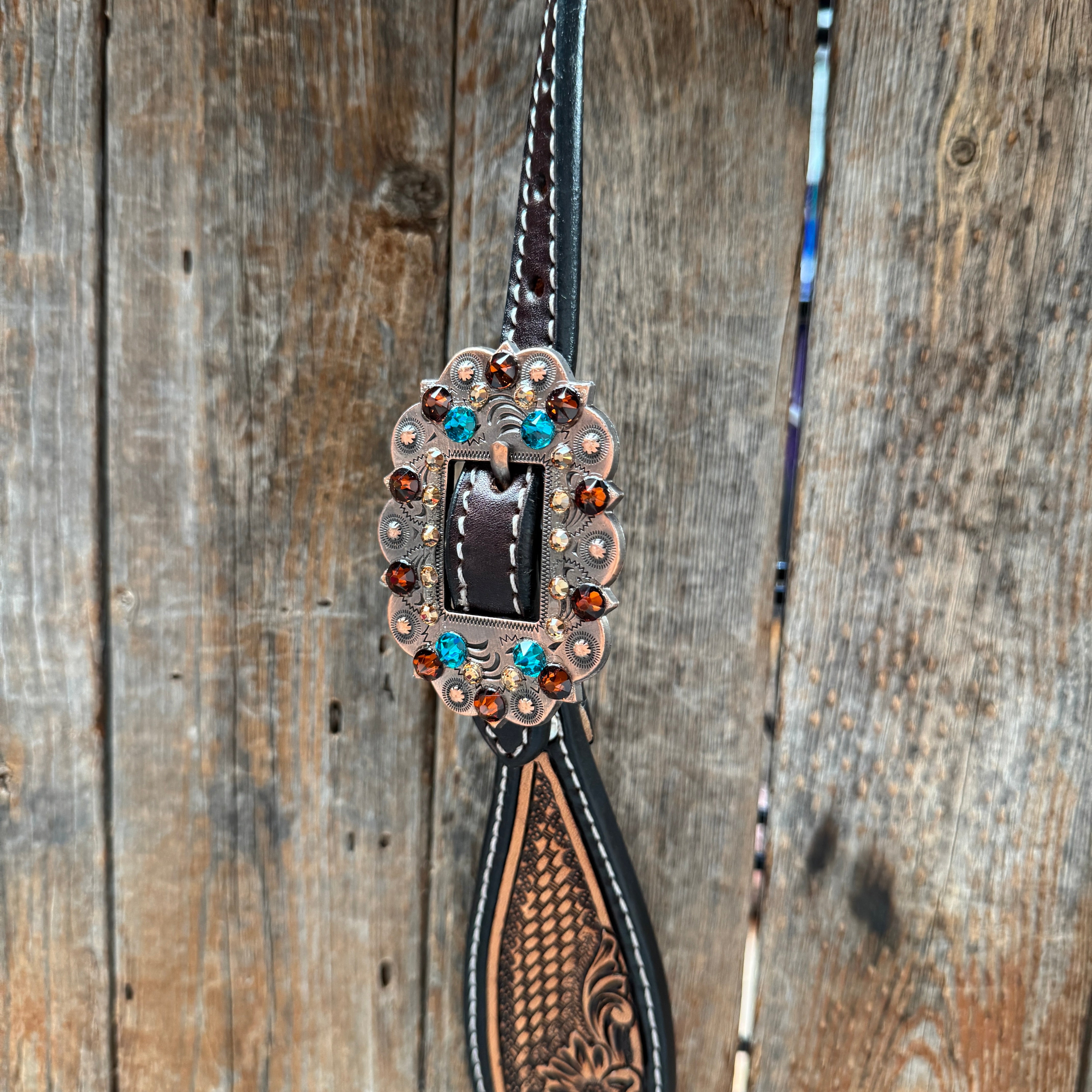 Two Tone Floral and Basketweave Teal, Champagne and Topaz Browband Tack Set #BBBC480