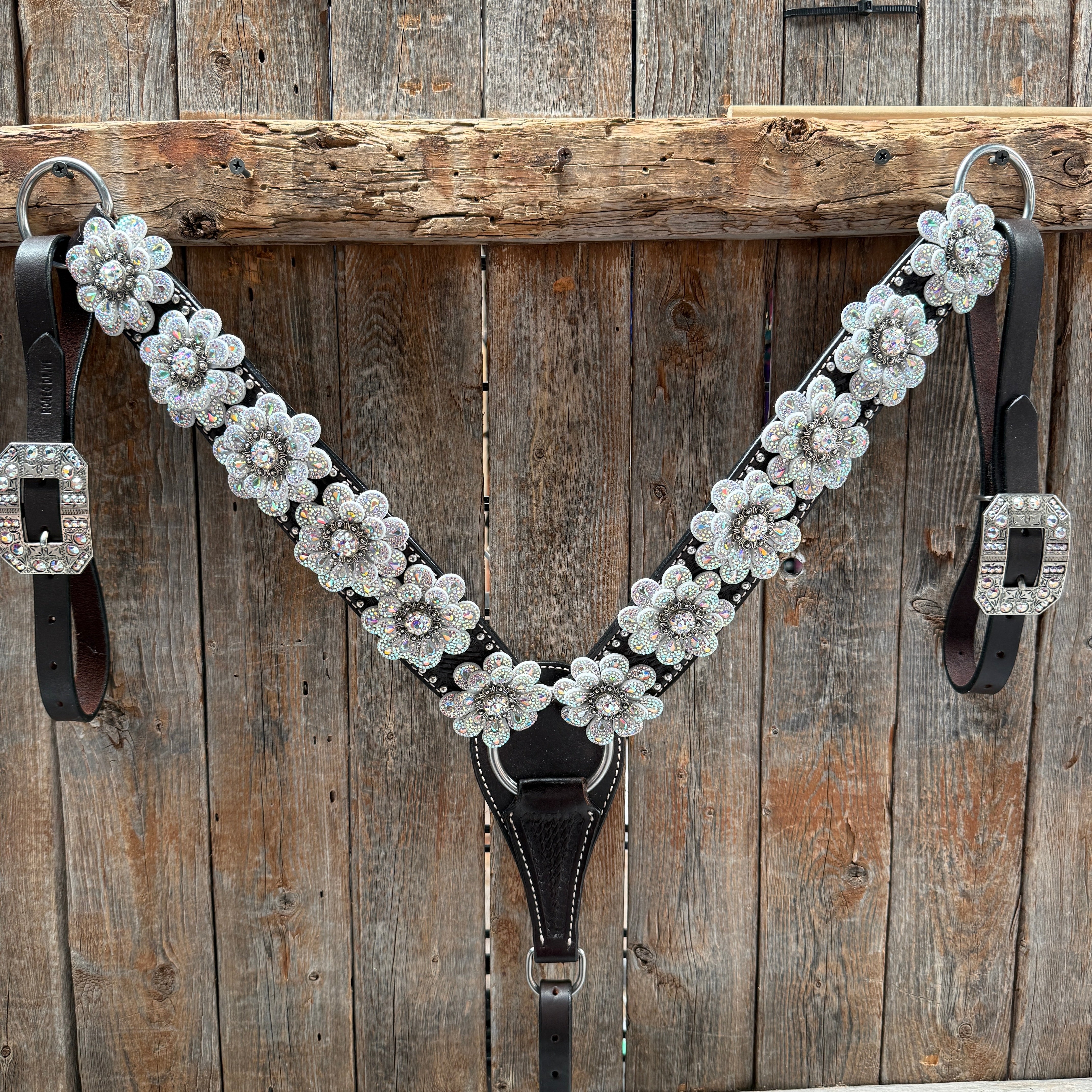 Dark Oil Basketweave with Silver Dots Rhinestone Flower One Ear Tack Set #OEBC483