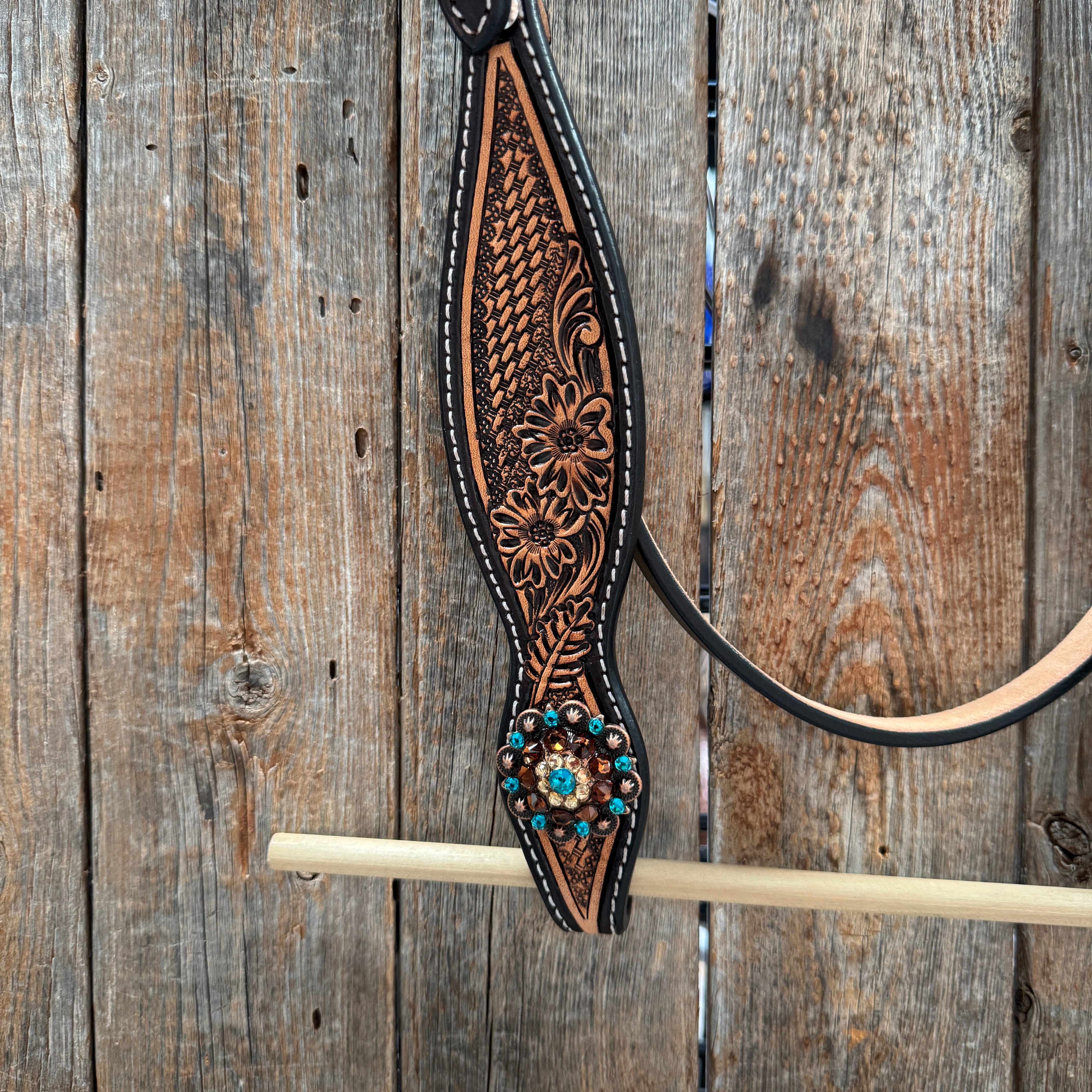 Two Tone Floral and Basketweave Teal, Champagne and Topaz Browband Tack Set #BBBC480
