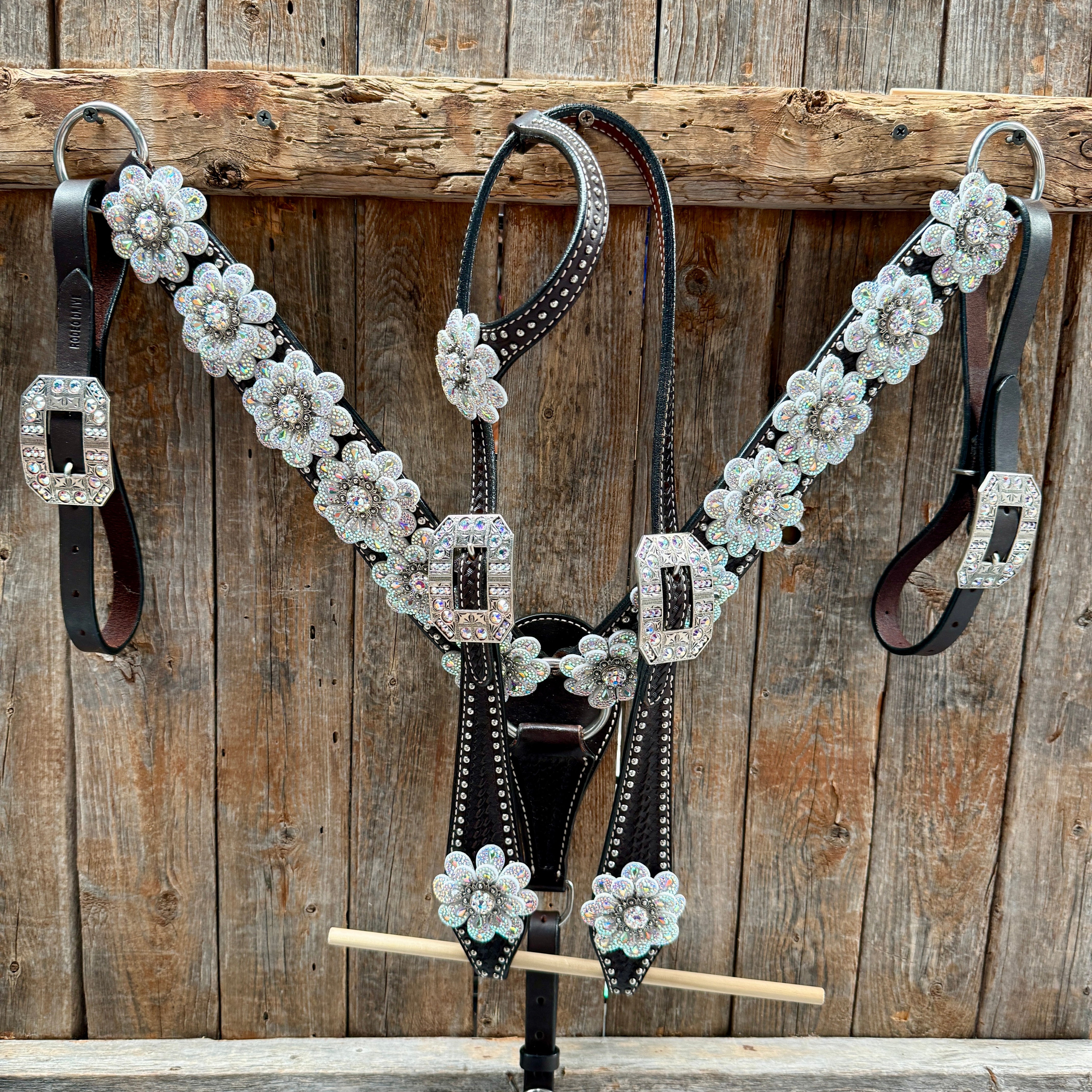 Dark Oil Basketweave with Silver Dots Rhinestone Flower One Ear Tack Set #OEBC483