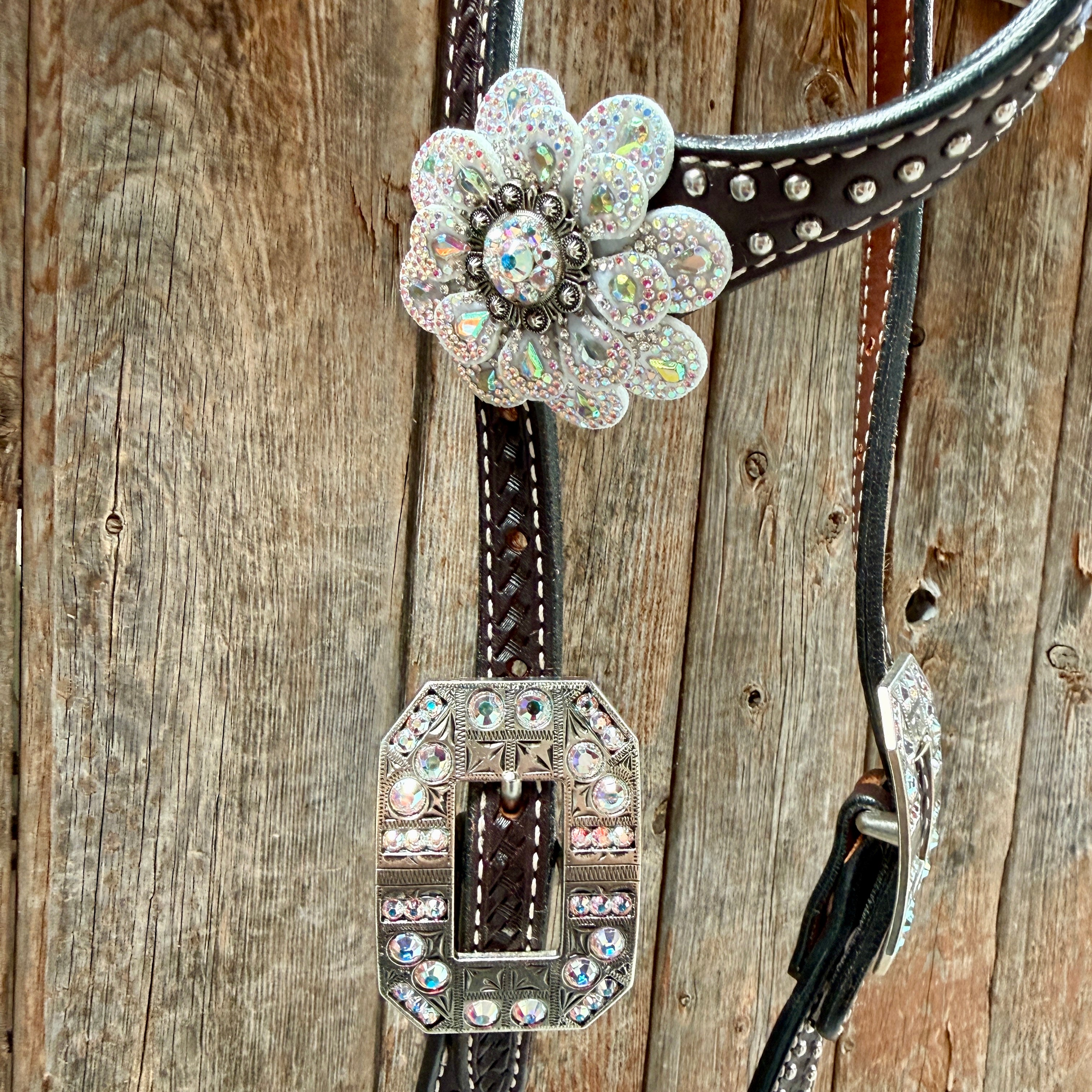 Dark Oil Basketweave with Silver Dots Rhinestone Flower One Ear Tack Set #OEBC483