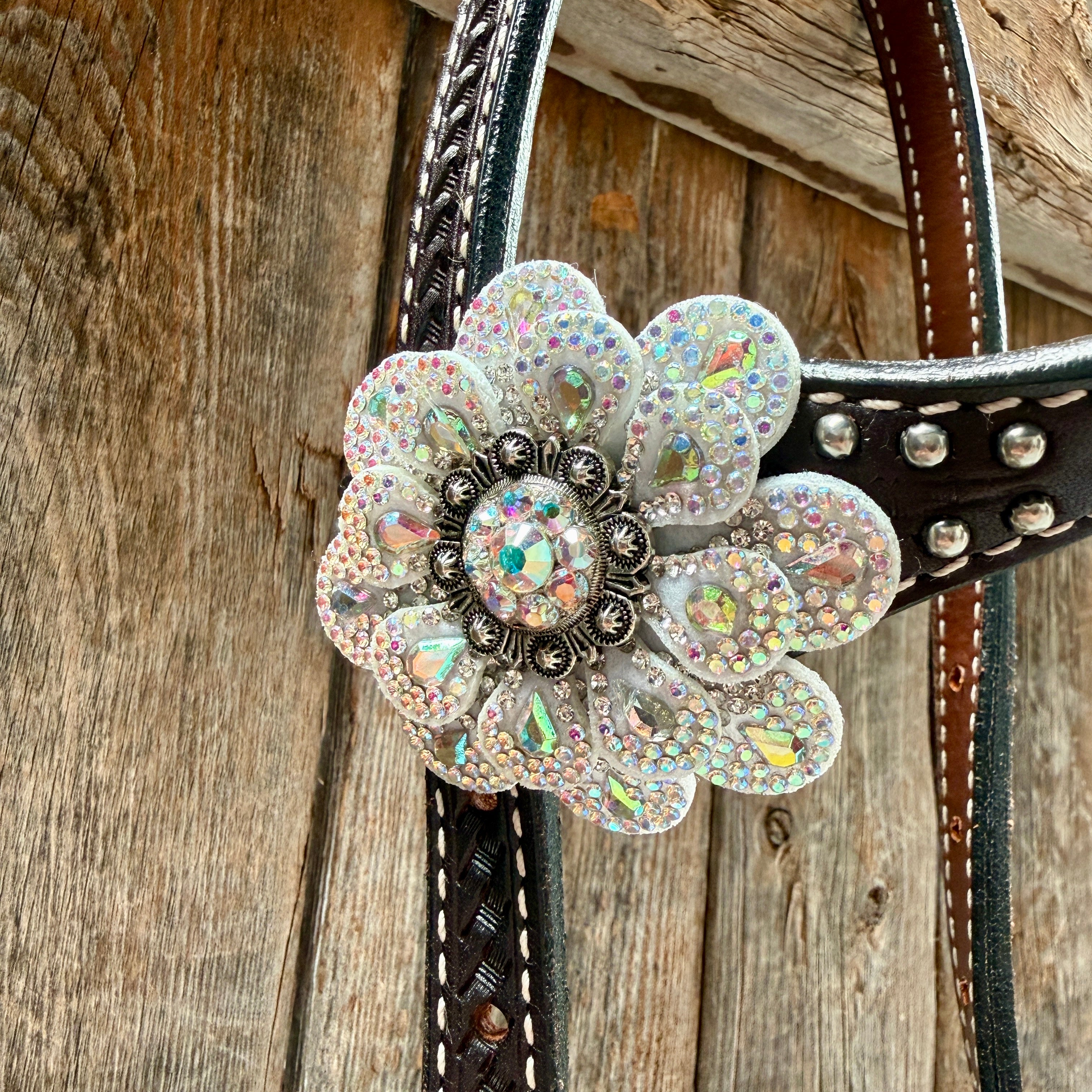 Dark Oil Basketweave with Silver Dots Rhinestone Flower One Ear Tack Set #OEBC483