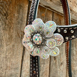 Dark Oil Basketweave with Silver Dots Rhinestone Flower One Ear Tack Set #OEBC483